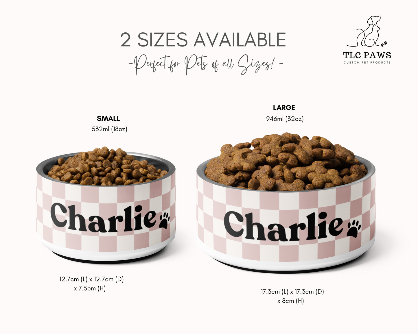 Personalised Pet Dog Bowl and Cat Feeder - Checkered Dusty Pink - TLC Paws