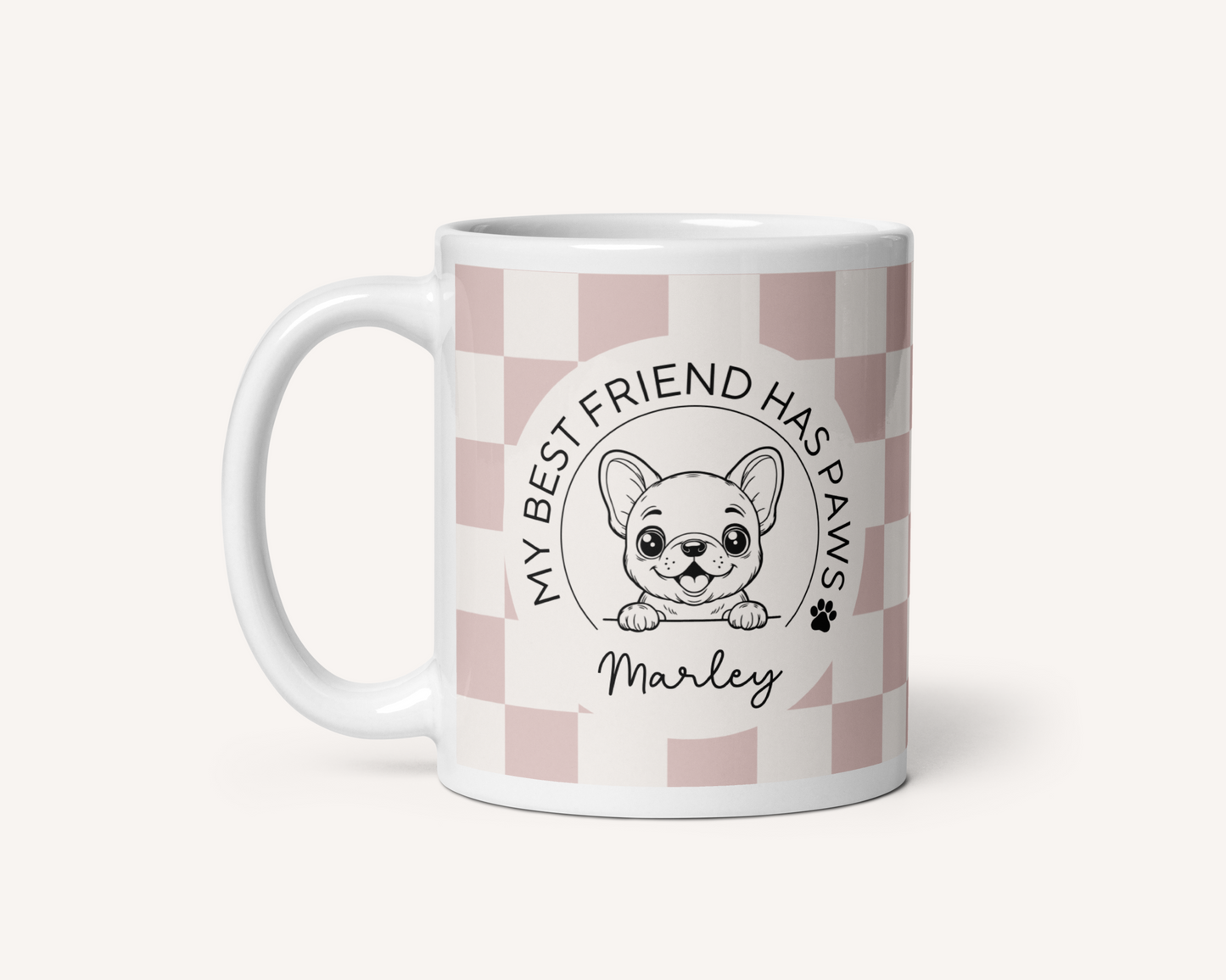 Personalised French Bulldog Best Friend Mug - Checkered Dusty Pink - TLC Paws