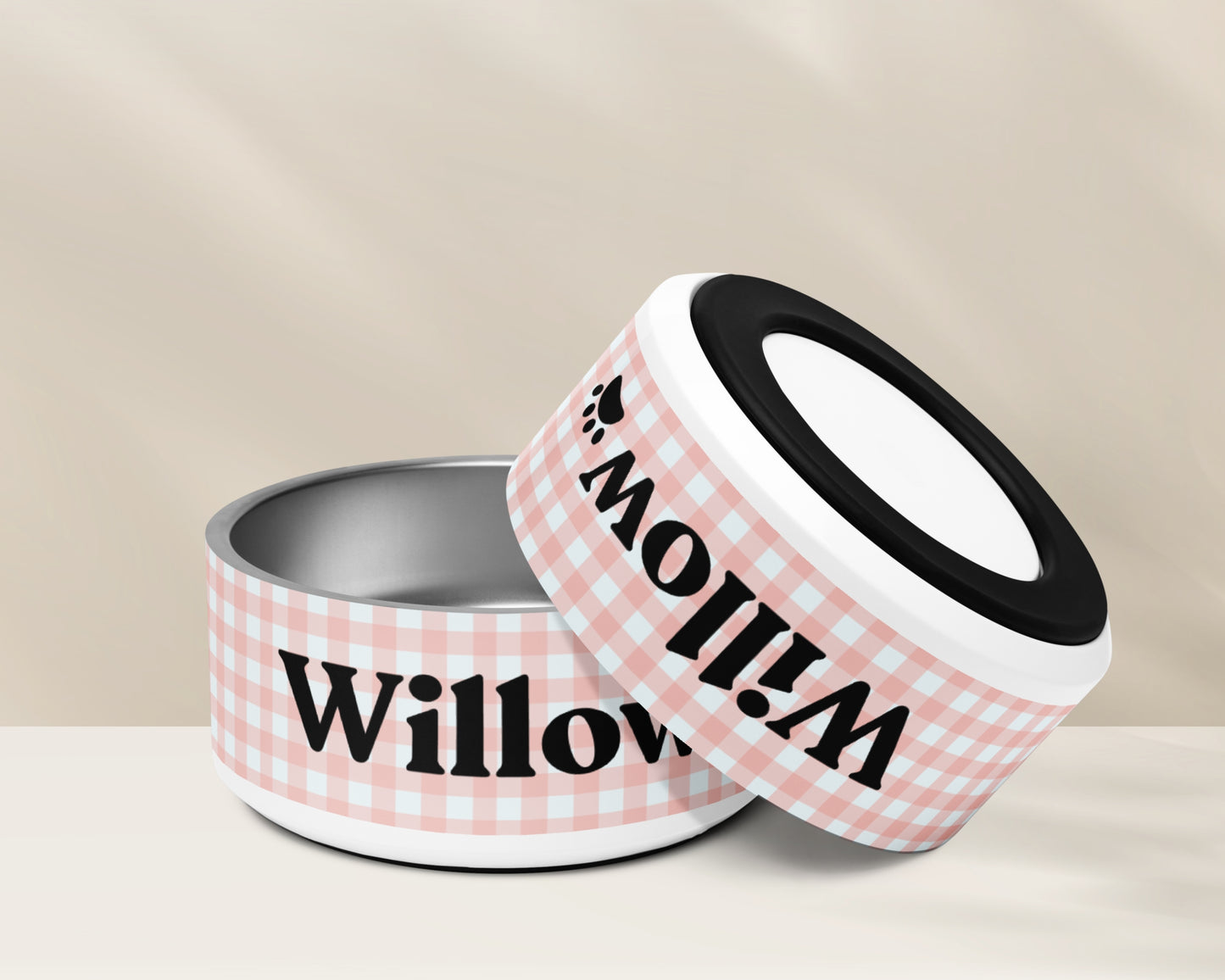 Personalized Dog Bowl and Cat Feeder - Gingham Pink - TLC Paws