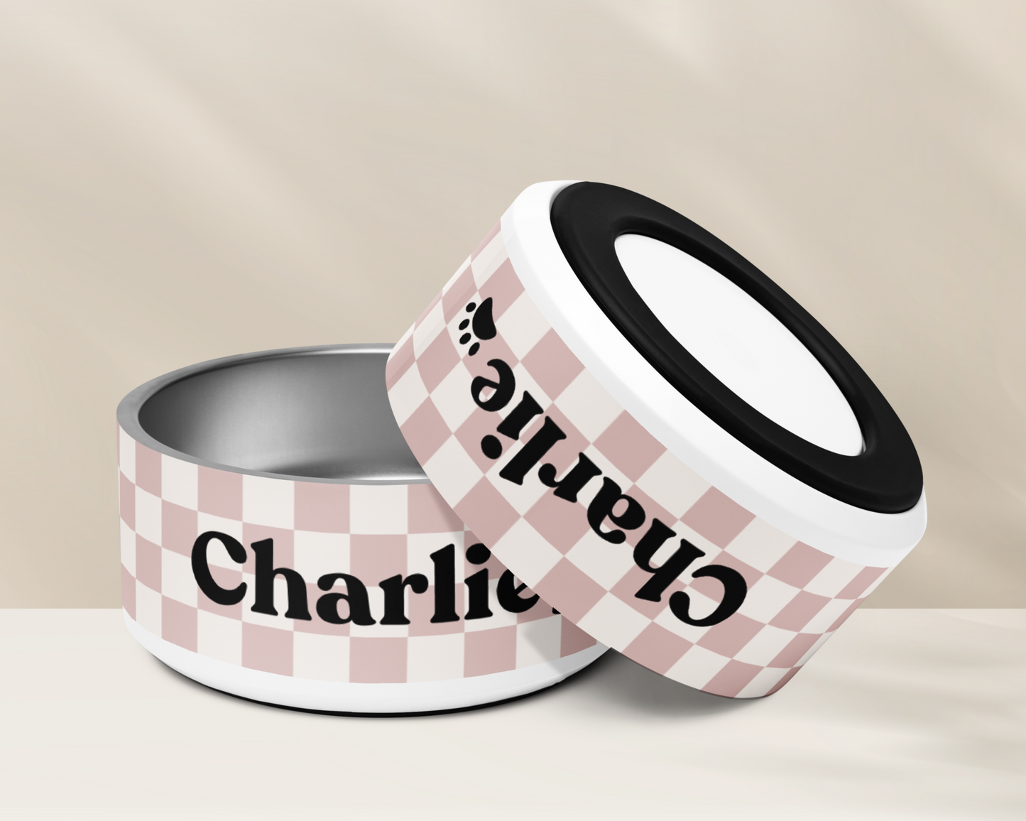 Personalised Pet Dog Bowl and Cat Feeder - Checkered Dusty Pink - TLC Paws