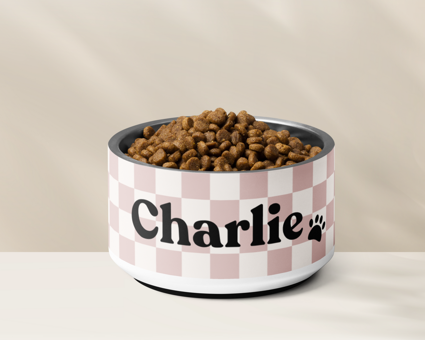 Personalised Pet Dog Bowl and Cat Feeder - Checkered Dusty Pink - TLC Paws