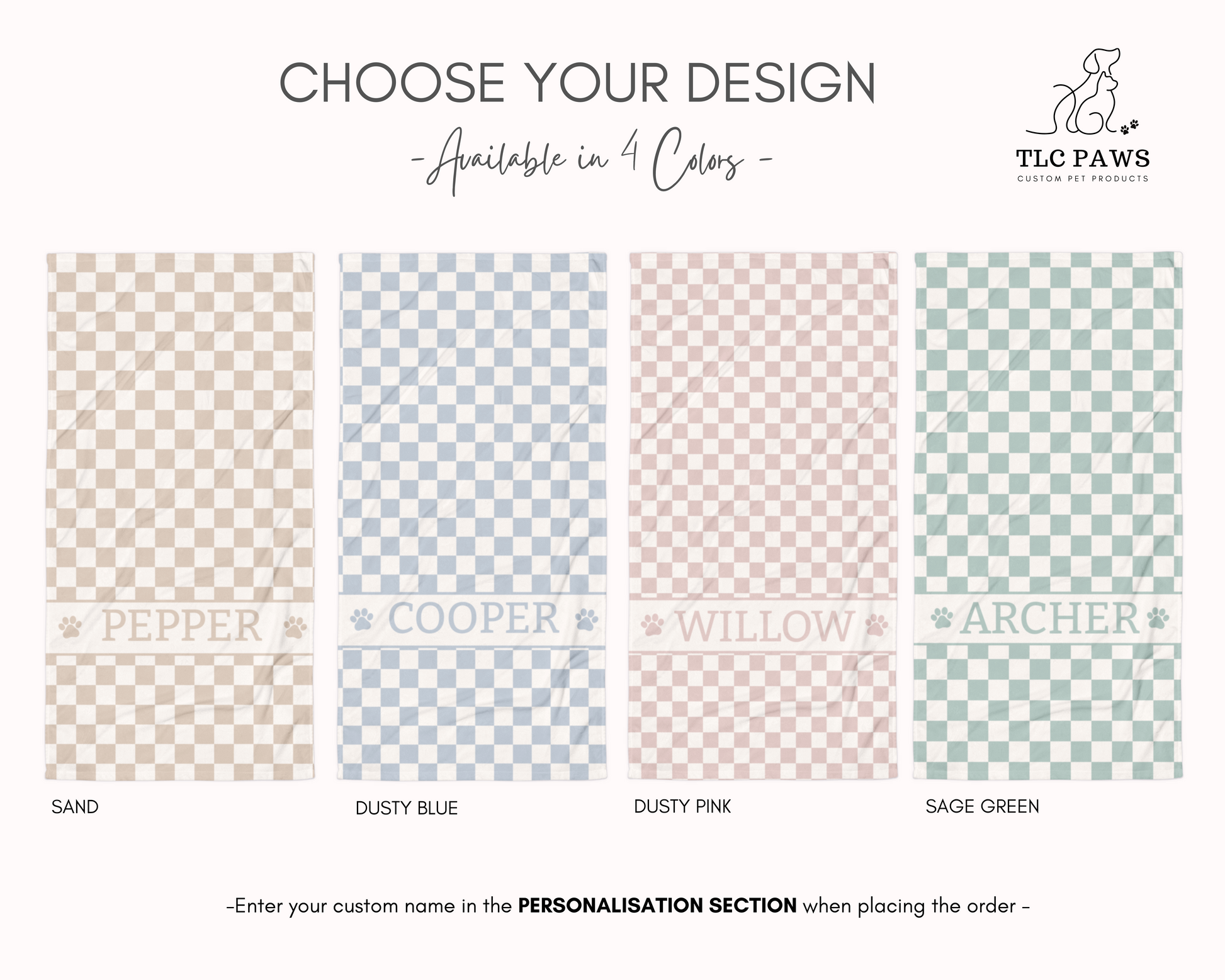 Personalised Beach Towel Checkered Sage – Custom Soft & Absorbent Towels for You and Your Pets - TLC Paws