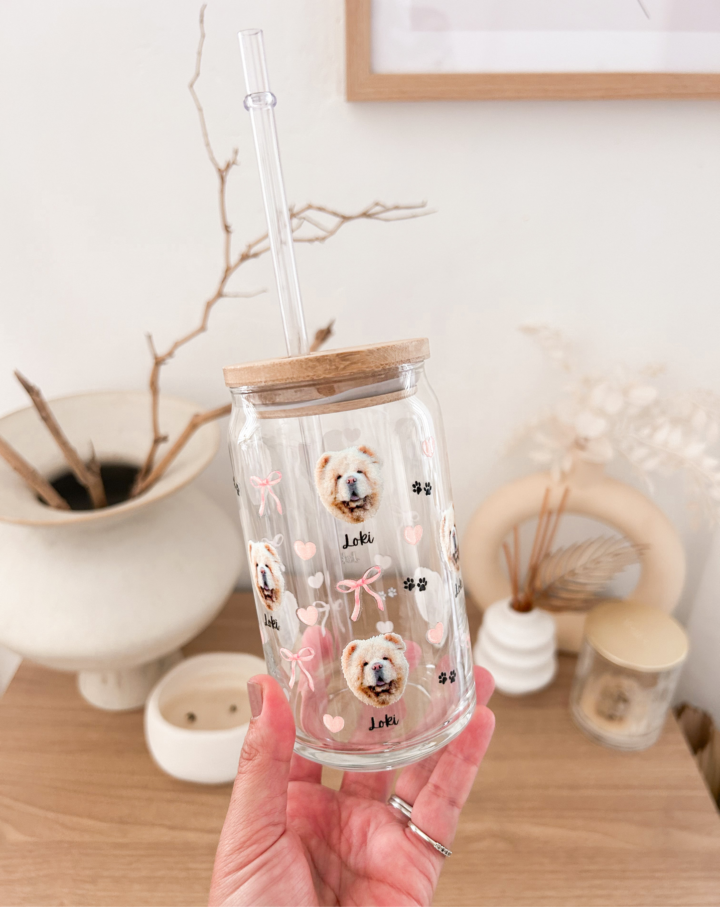 Personalised Pet Face Glass Tumbler with Bamboo Lid & Straw - TLC Paws