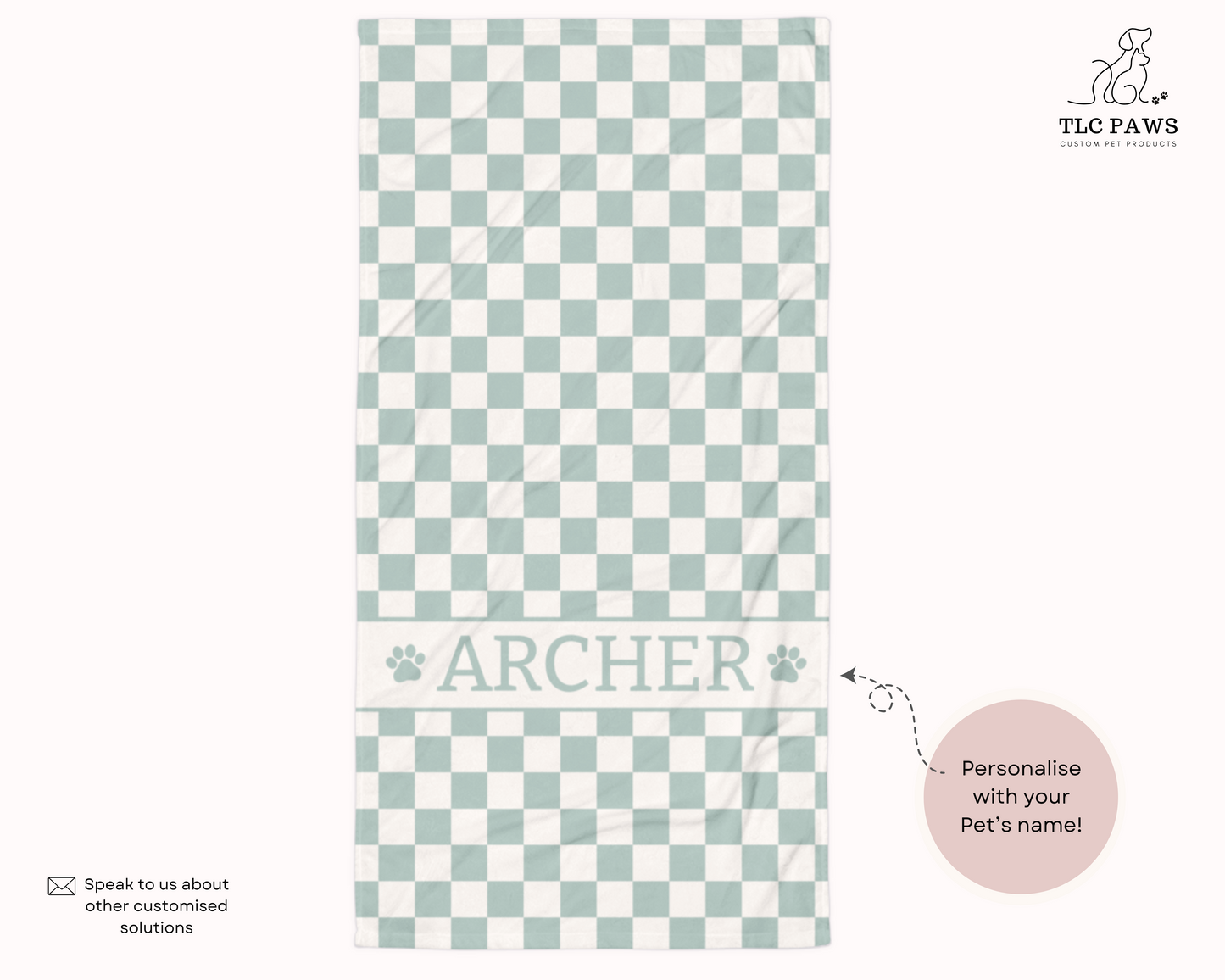 Personalised Beach Towel Checkered Sage – Custom Soft & Absorbent Towels for You and Your Pets - TLC Paws