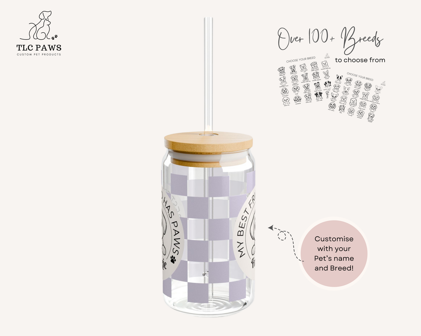 Custom Dog Glass Tumbler with Bamboo Lid and Straw - Checkered Lilac - TLC Paws