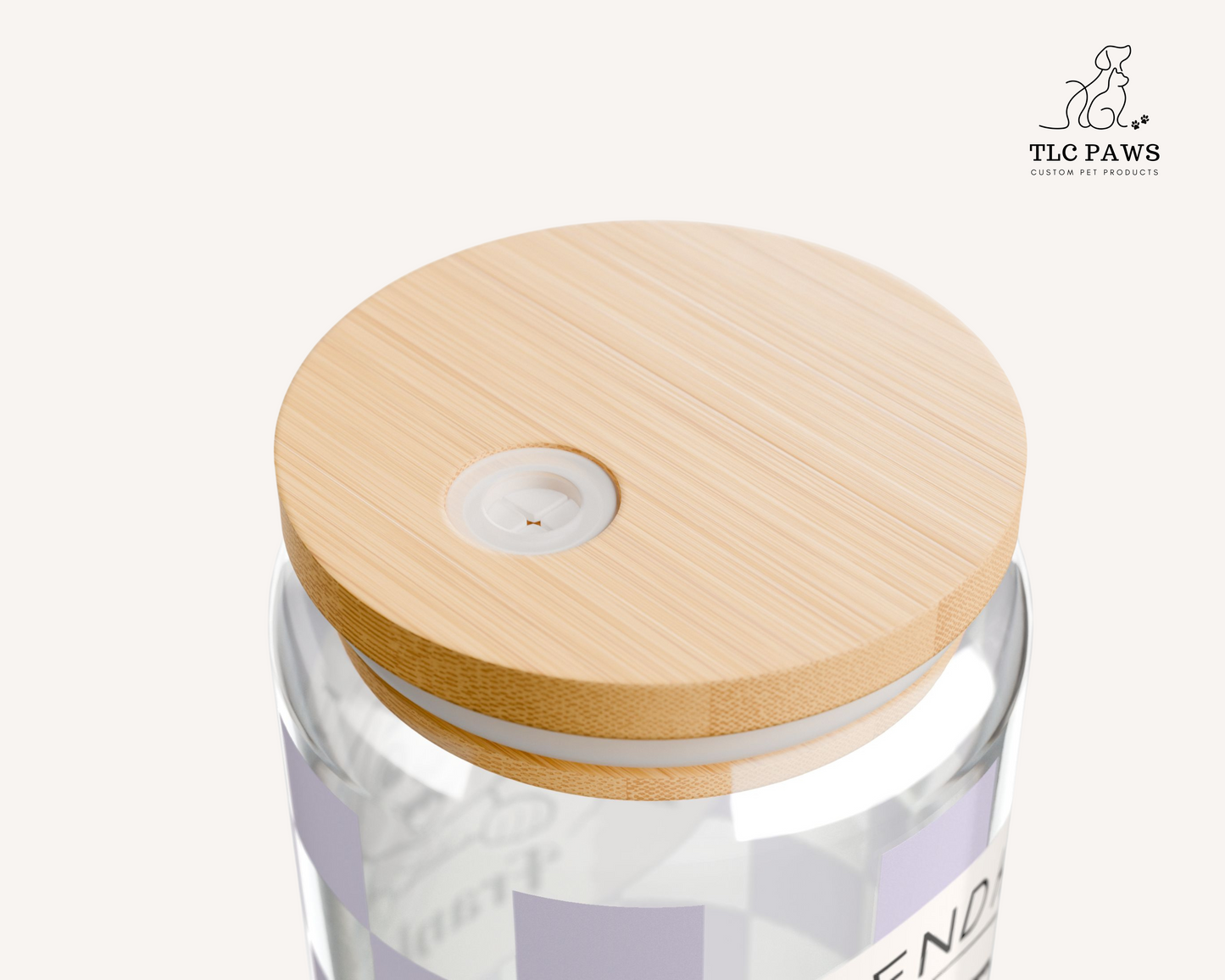 Custom Dog Glass Tumbler with Bamboo Lid and Straw - Checkered Lilac - TLC Paws