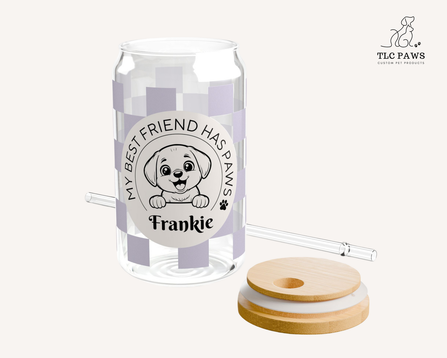 Custom Dog Glass Tumbler with Bamboo Lid and Straw - Checkered Lilac - TLC Paws