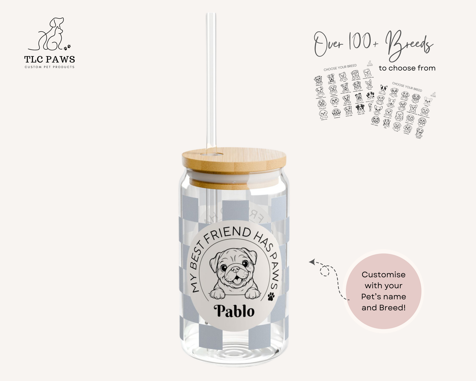 Custom Bulldog Glass Tumbler with Bamboo Lid and Straw - Checkered Powder Blue - TLC Paws