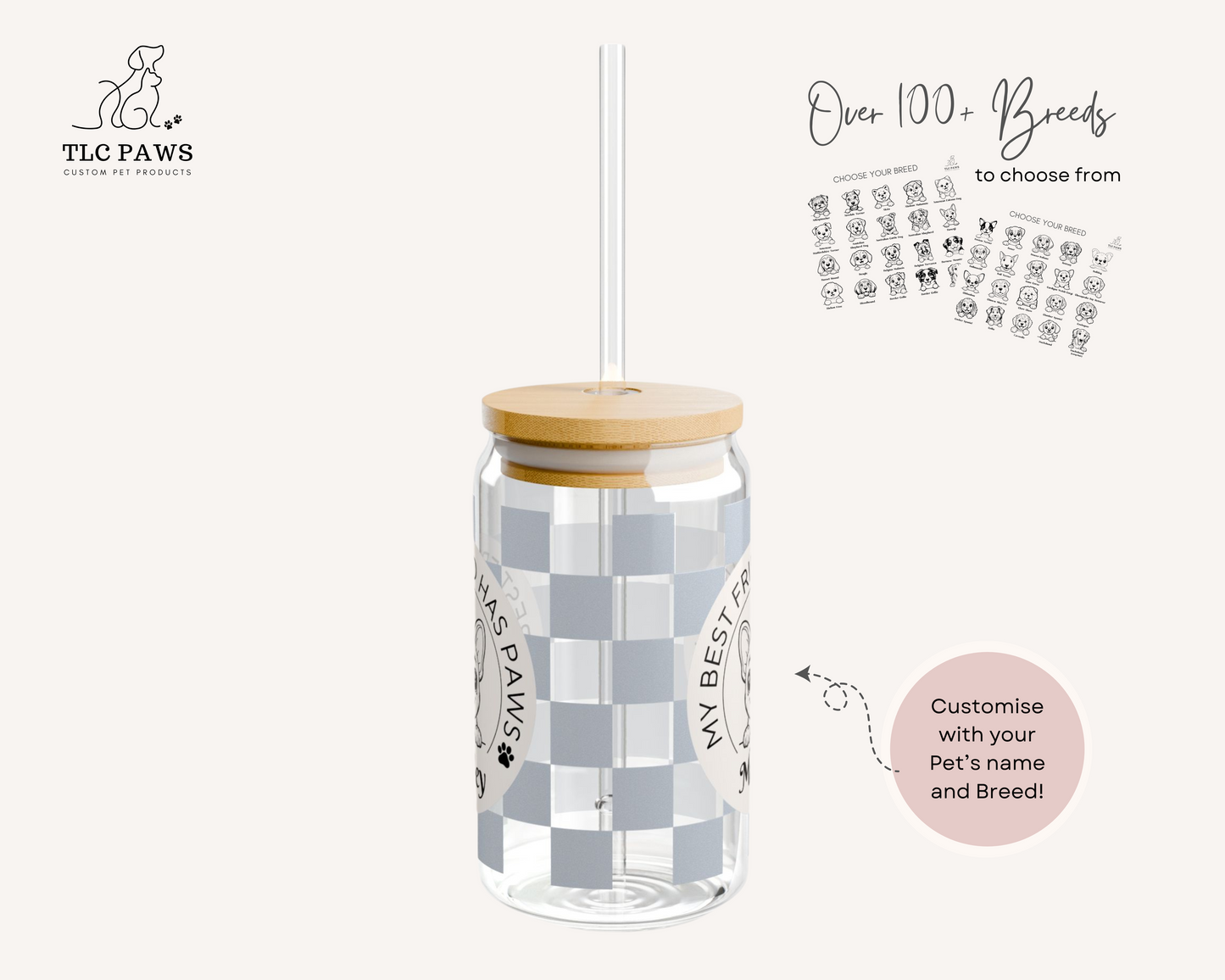 Custom Bulldog Glass Tumbler with Bamboo Lid and Straw - Checkered Powder Blue - TLC Paws