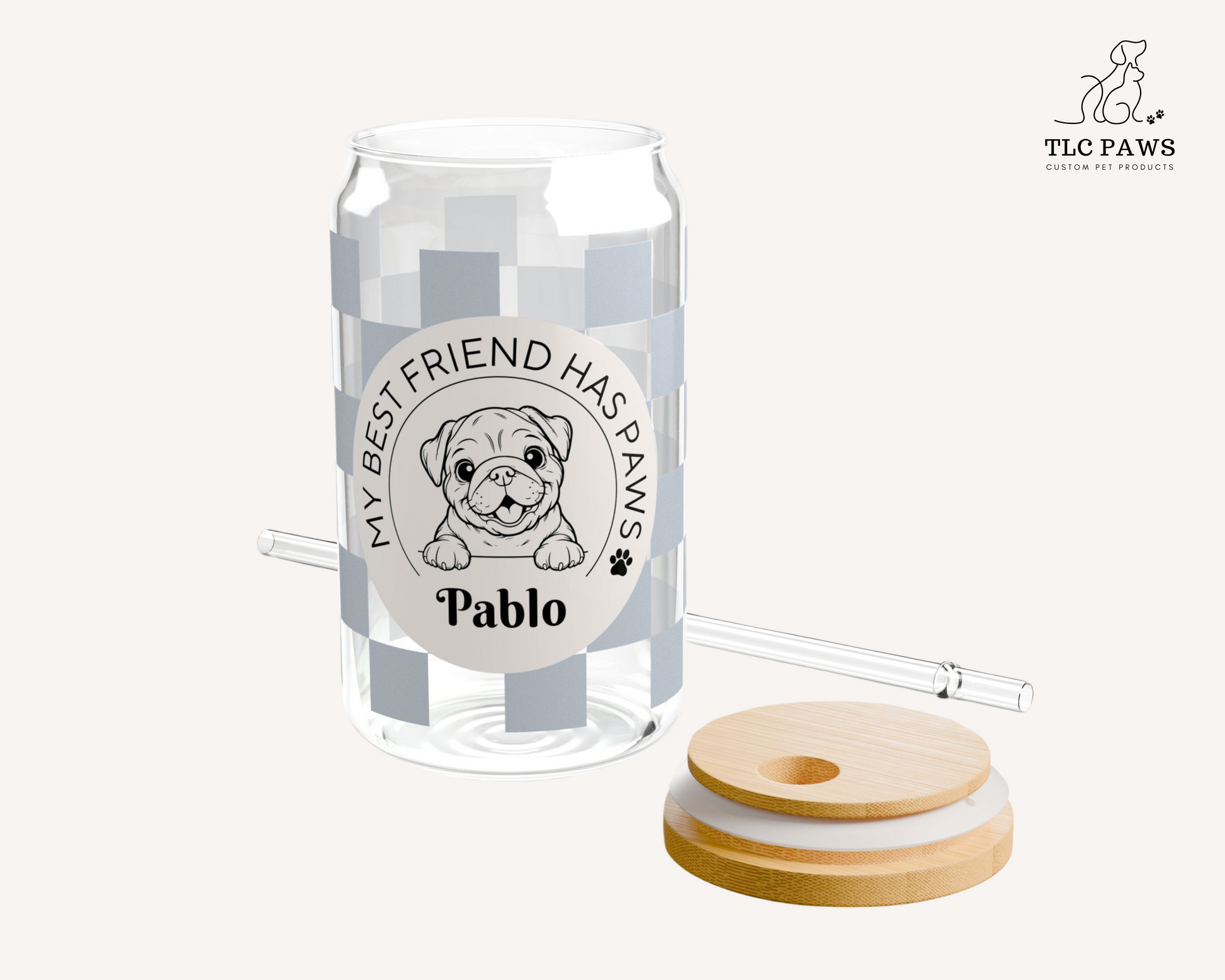 Custom Bulldog Glass Tumbler with Bamboo Lid and Straw - Checkered Powder Blue - TLC Paws