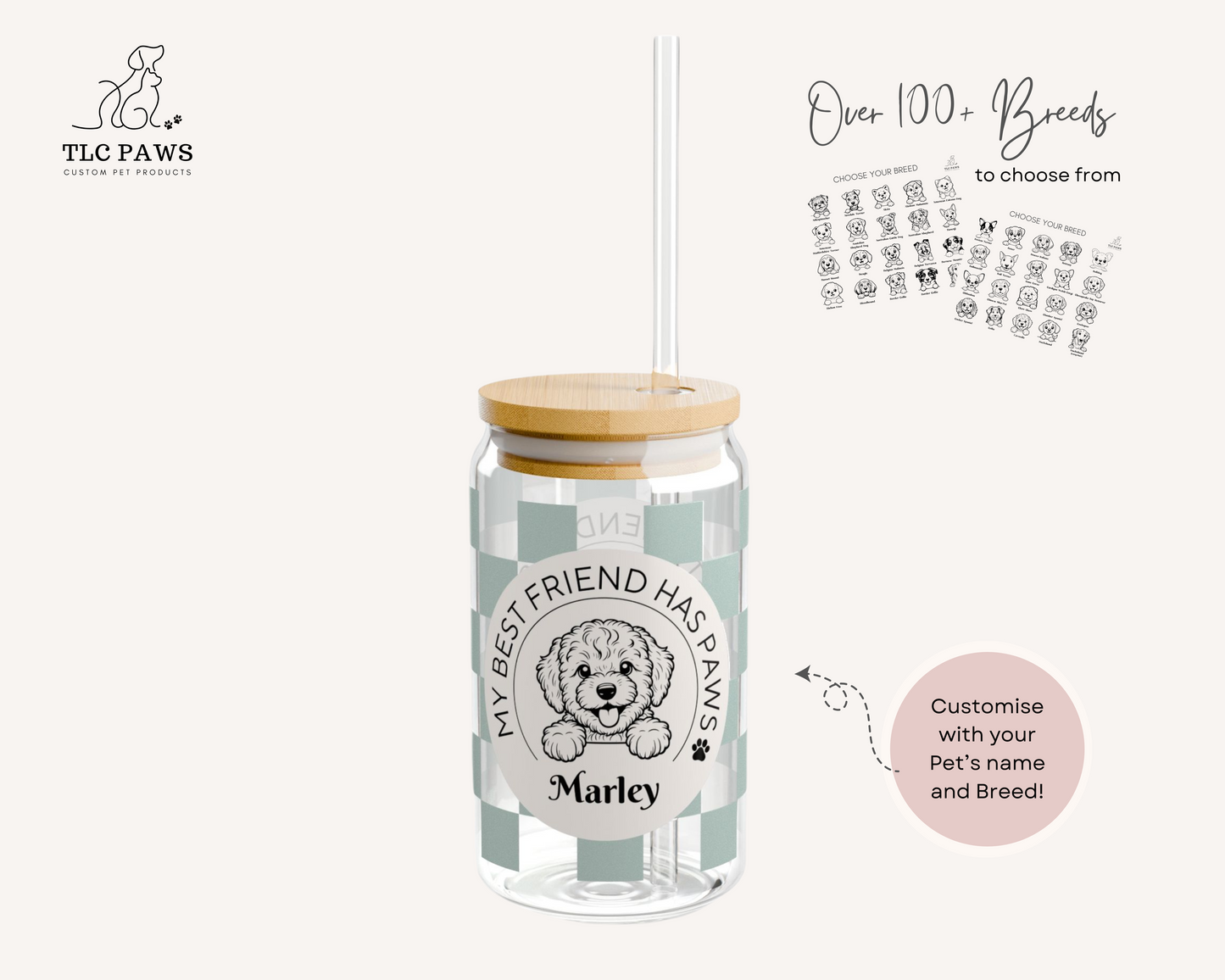 Custom Cavoodle Glass Tumbler with Bamboo Lid and Straw - Checkered Sage - TLC Paws