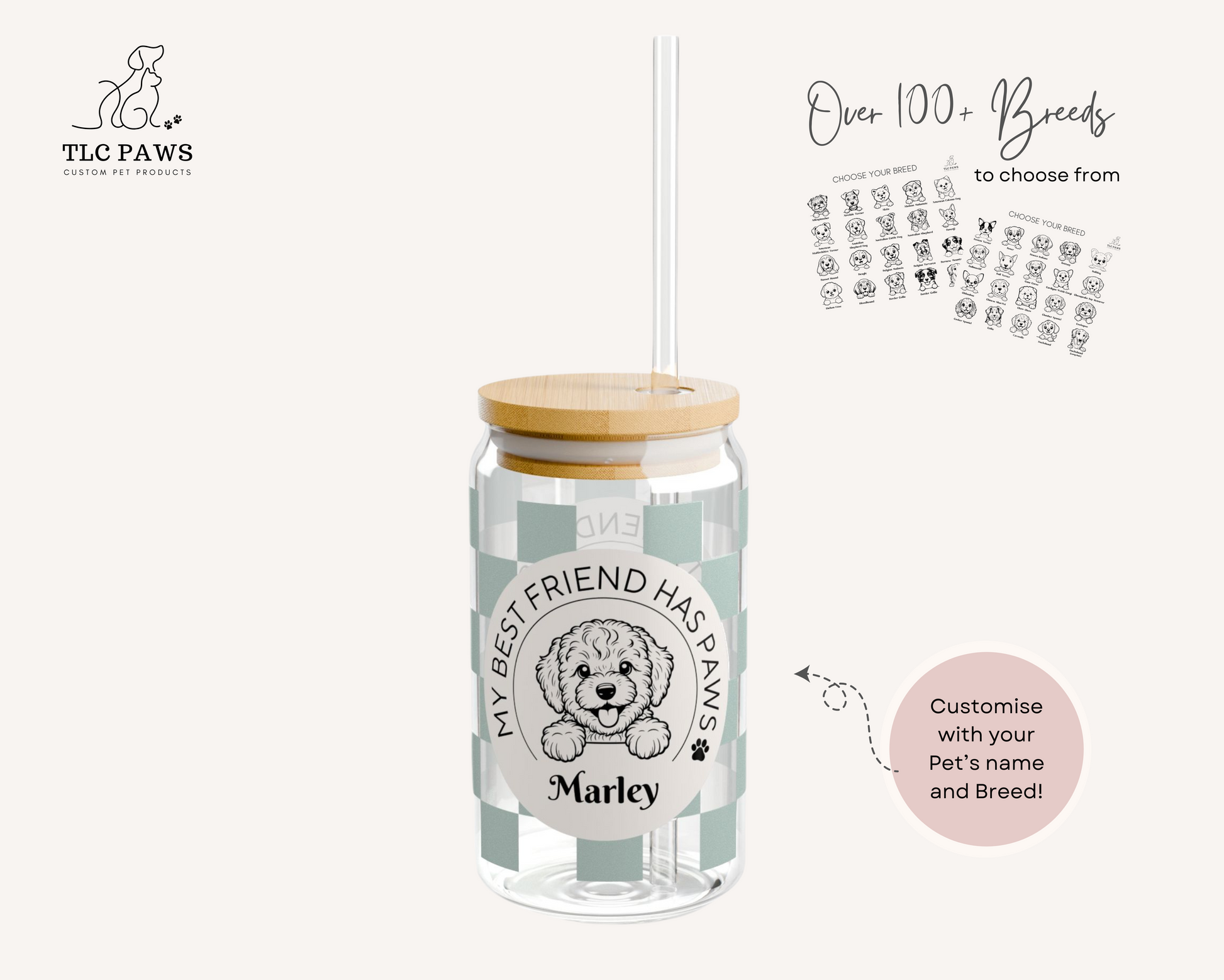 Custom Cavoodle Glass Tumbler with Bamboo Lid and Straw - Checkered Sage - TLC Paws