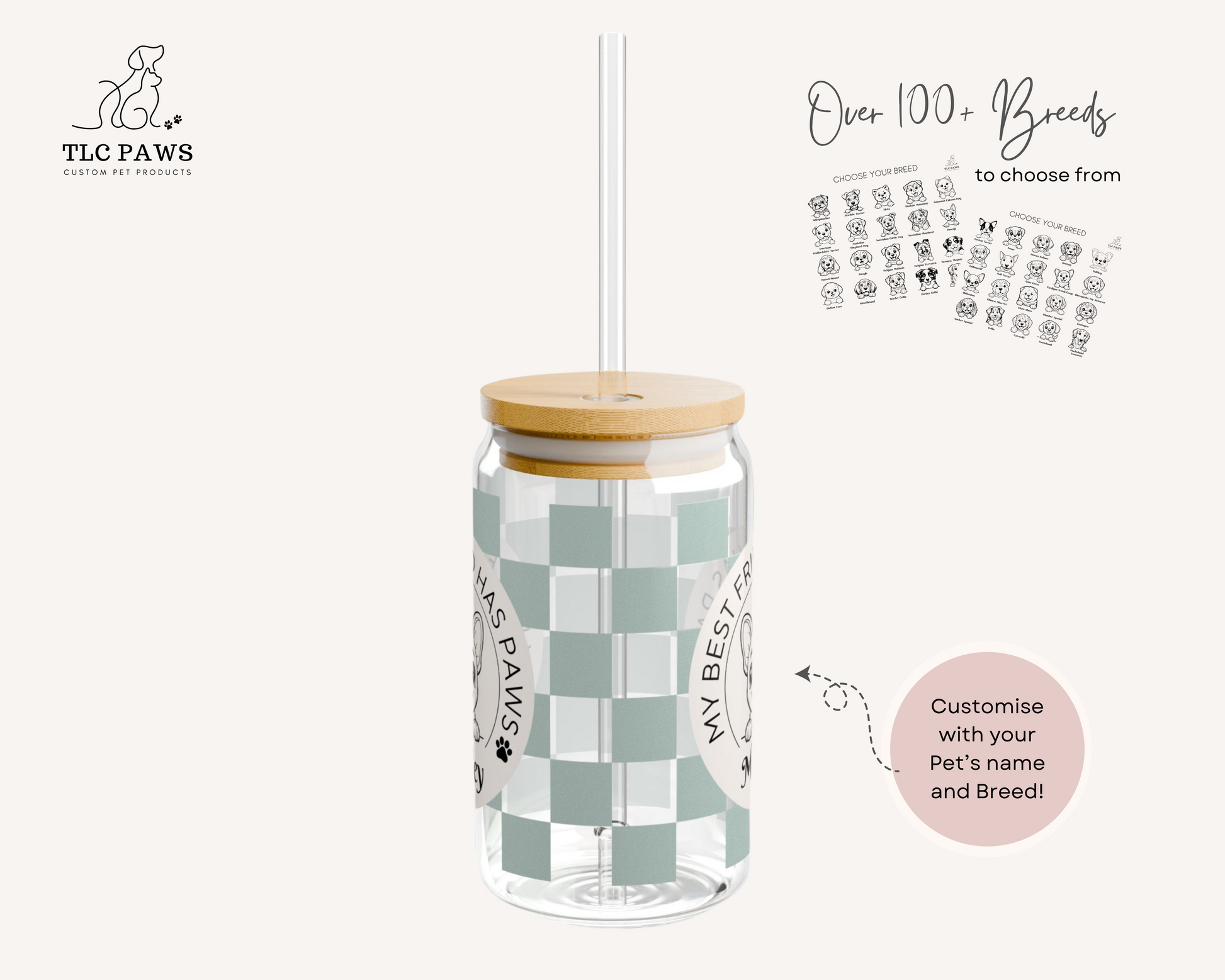 Custom Cavoodle Glass Tumbler with Bamboo Lid and Straw - Checkered Sage - TLC Paws