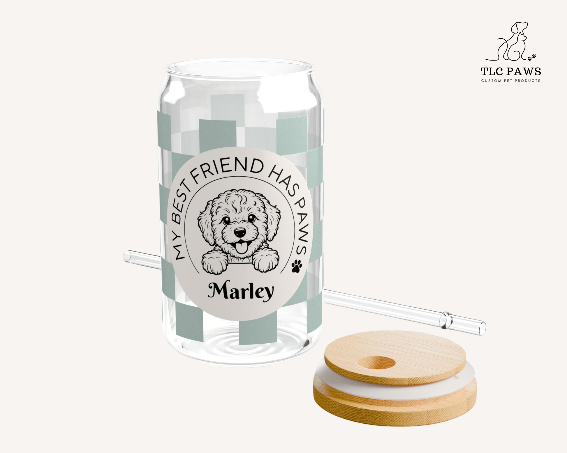 Custom Cavoodle Glass Tumbler with Bamboo Lid and Straw - Checkered Sage - TLC Paws
