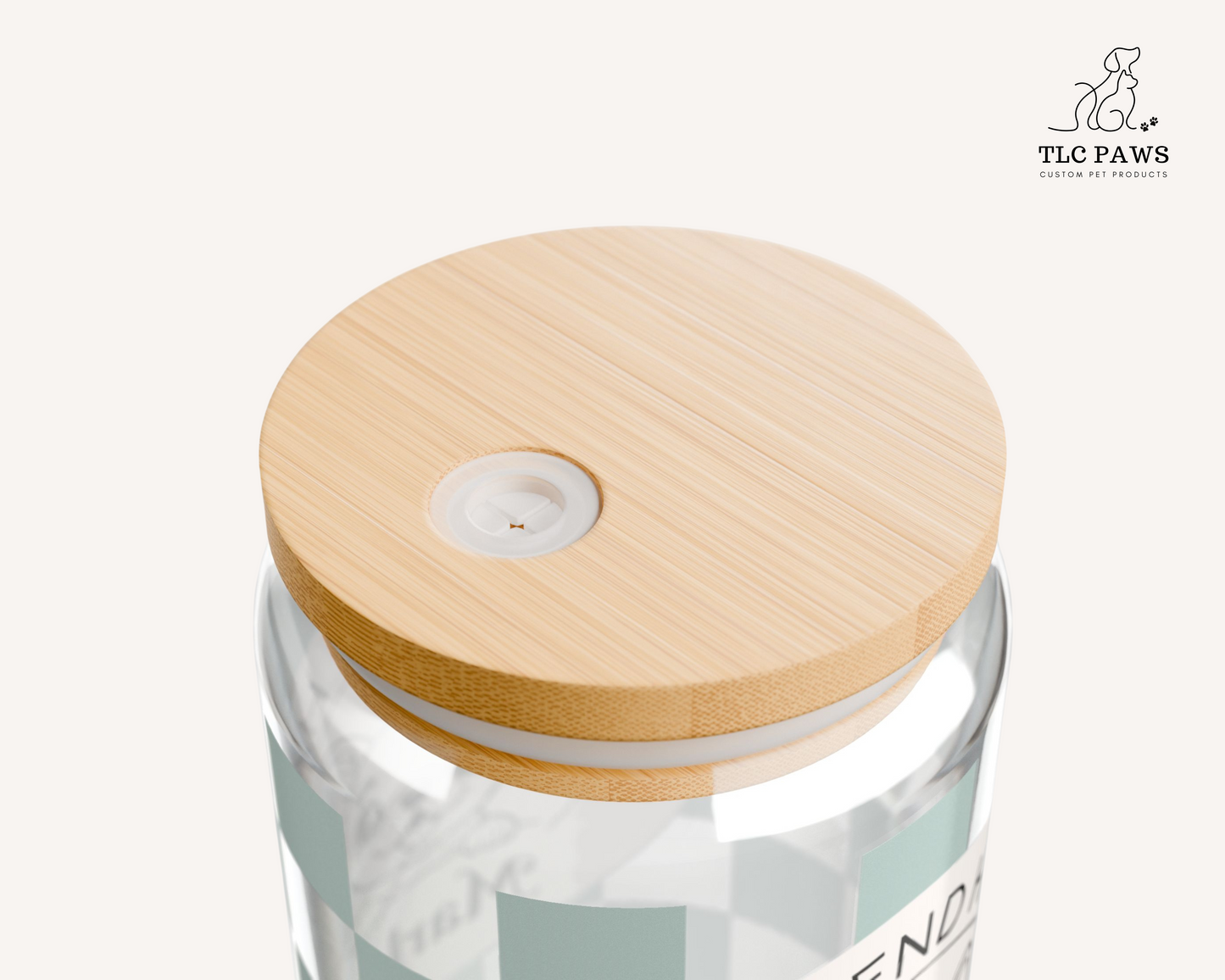 Custom Cavoodle Glass Tumbler with Bamboo Lid and Straw - Checkered Sage - TLC Paws