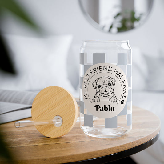 Custom Bulldog Glass Tumbler with Bamboo Lid and Straw - Checkered Powder Blue - TLC Paws