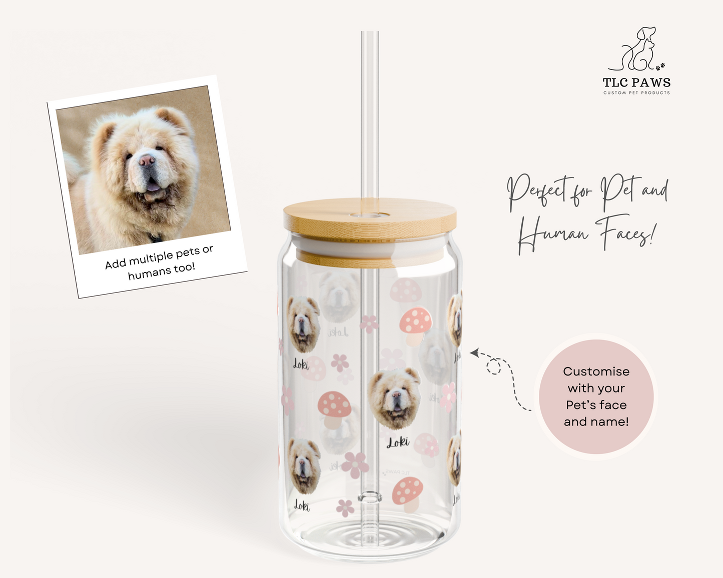 Custom Dog Face Glass Tumbler with Name – Personalized Pet Portrait Cup with Bamboo Lid & Straw – Ideal Gift for Dog Lovers - TLC PAWS