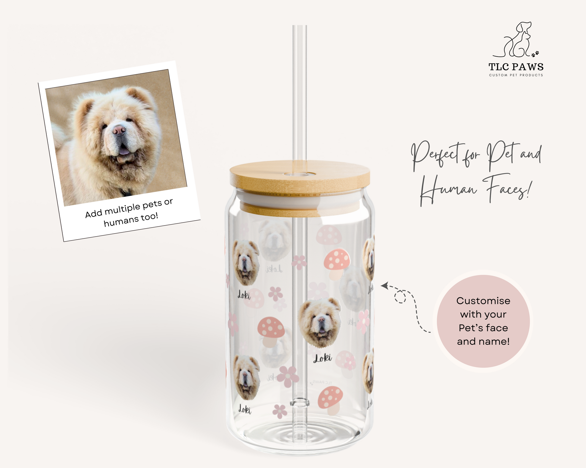 Custom Dog Face Glass Tumbler with Name – Personalized Pet Portrait Cup with Bamboo Lid & Straw – Ideal Gift for Dog Lovers - TLC PAWS