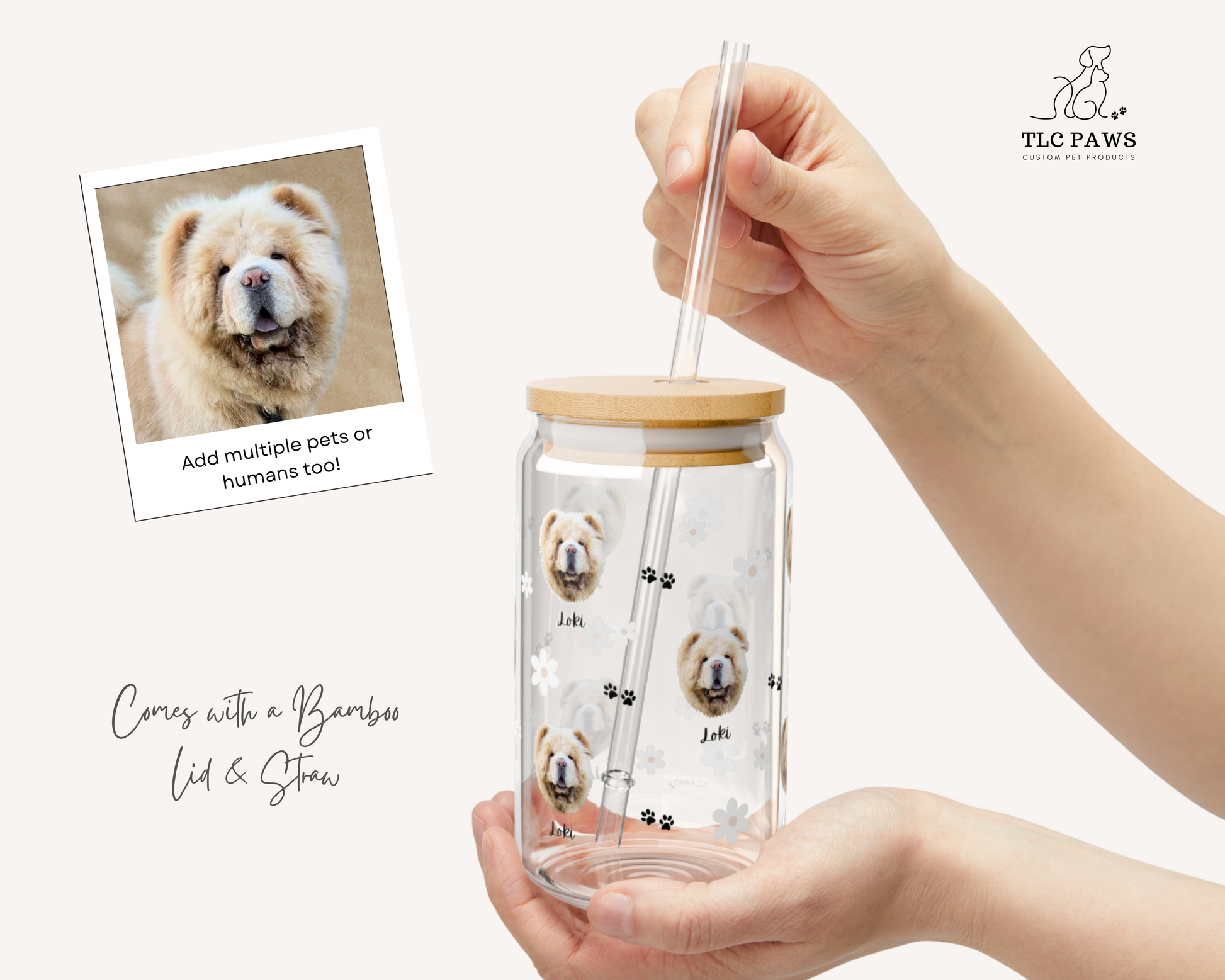 Custom Dog Face Glass Tumbler with Name – Personalized Pet Portrait Cup with Bamboo Lid & Straw – Ideal Gift for Dog Lovers - white floral - TLC PAWS