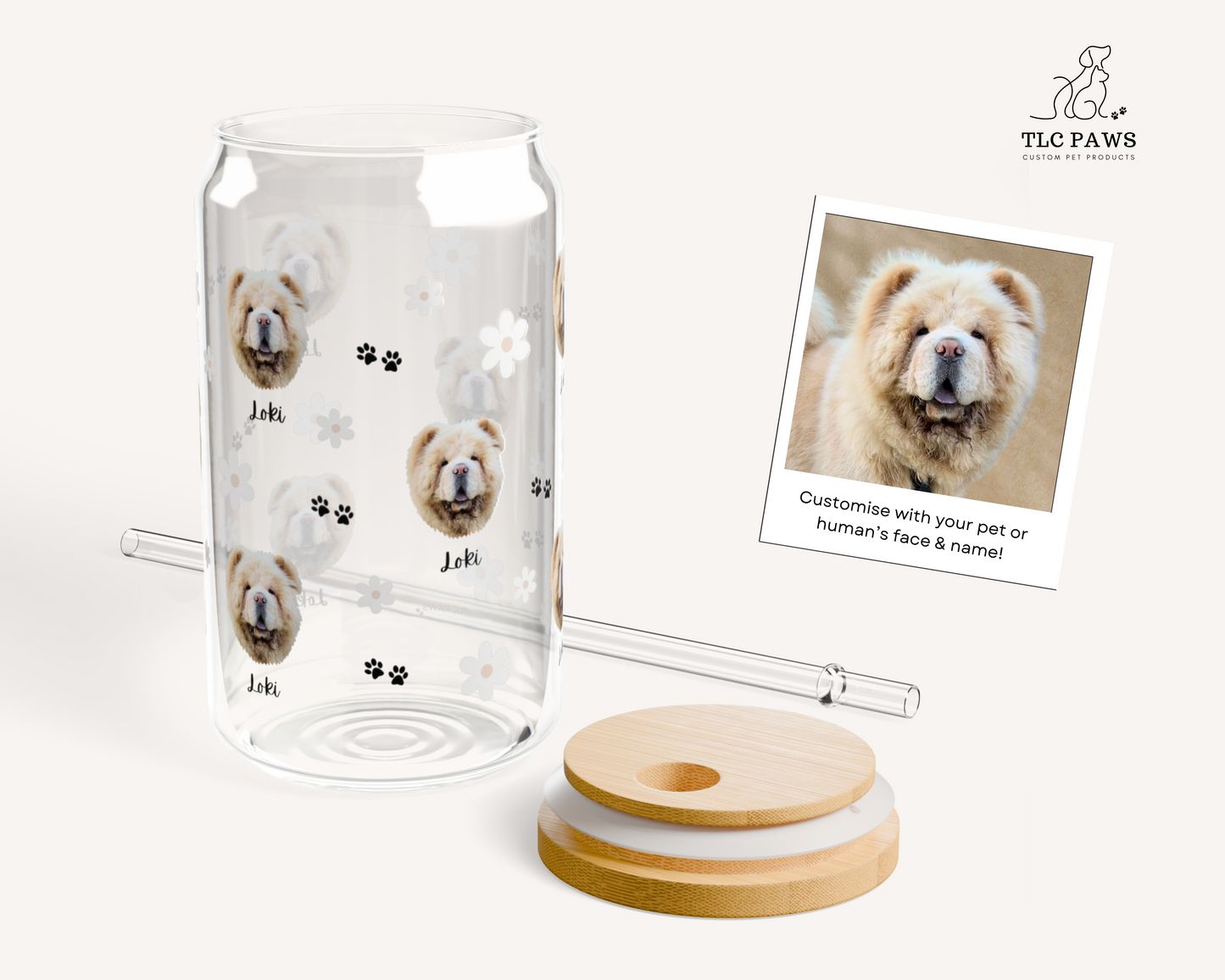 Custom Dog Face Glass Tumbler with Name – Personalized Pet Portrait Cup with Bamboo Lid & Straw – Ideal Gift for Dog Lovers - white floral - TLC PAWS