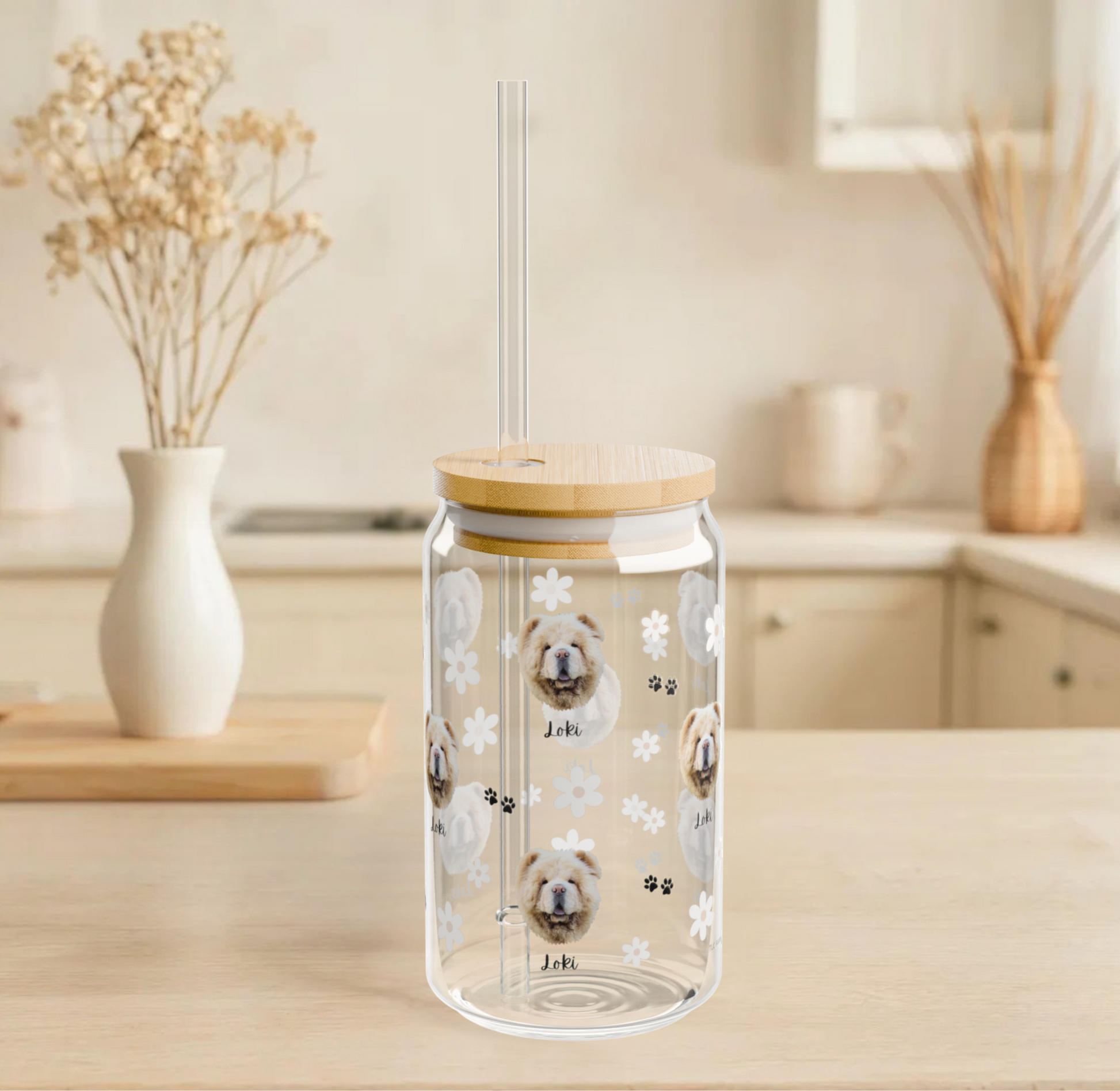Custom Dog Face Glass Tumbler with Name – Personalized Pet Portrait Cup with Bamboo Lid & Straw – Ideal Gift for Dog Lovers - white floral - TLC PAWS