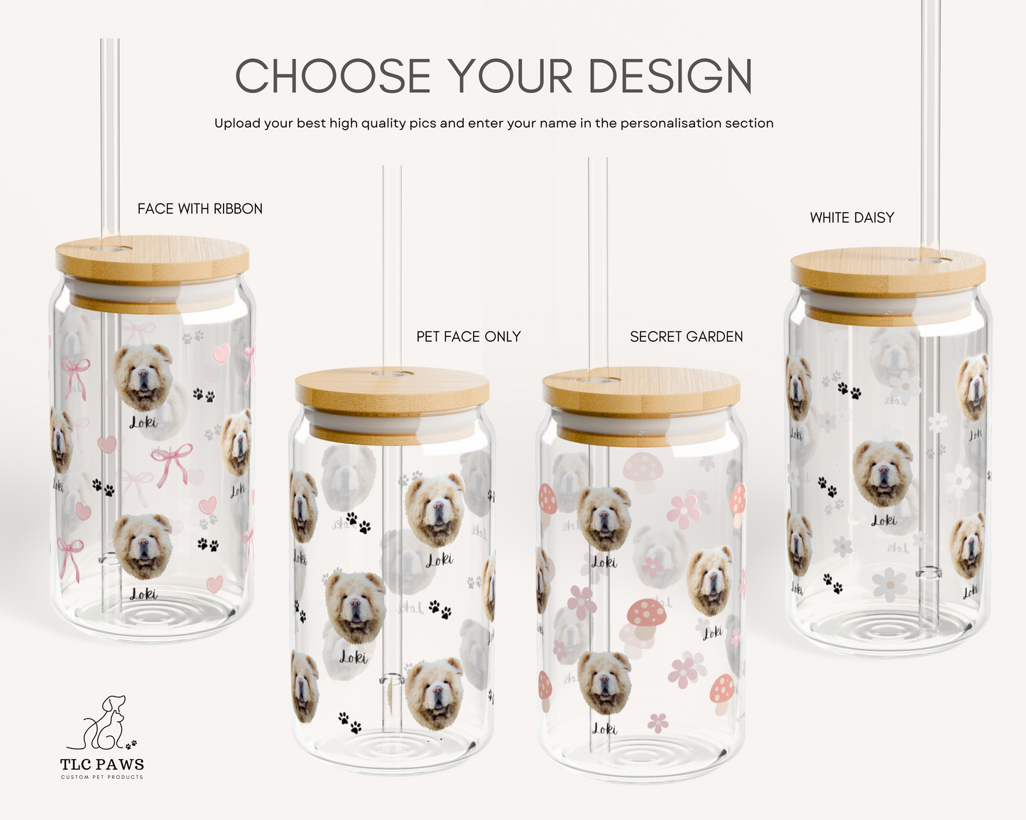 Custom Dog Face Glass Tumbler with Name – Personalized Pet Portrait Cup with Bamboo Lid & Straw – Ideal Gift for Dog Lovers - white floral - tlc paws