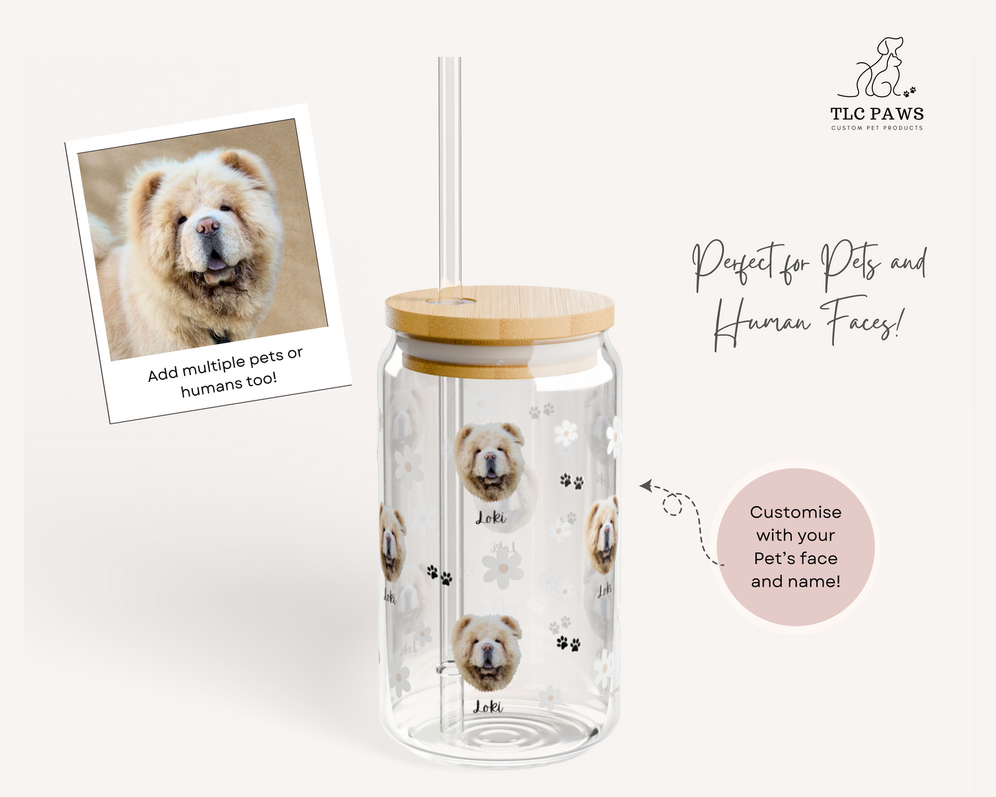 Custom Dog Face Glass Tumbler with Name – Personalized Pet Portrait Cup with Bamboo Lid & Straw – Ideal Gift for Dog Lovers - white floral - TLC PAWS