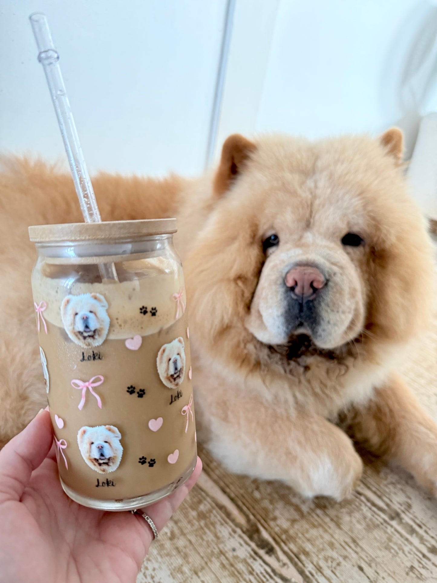 Custom Pet Face Coquette Glass Tumbler with Bamboo Lid & Straw - TLC Paws