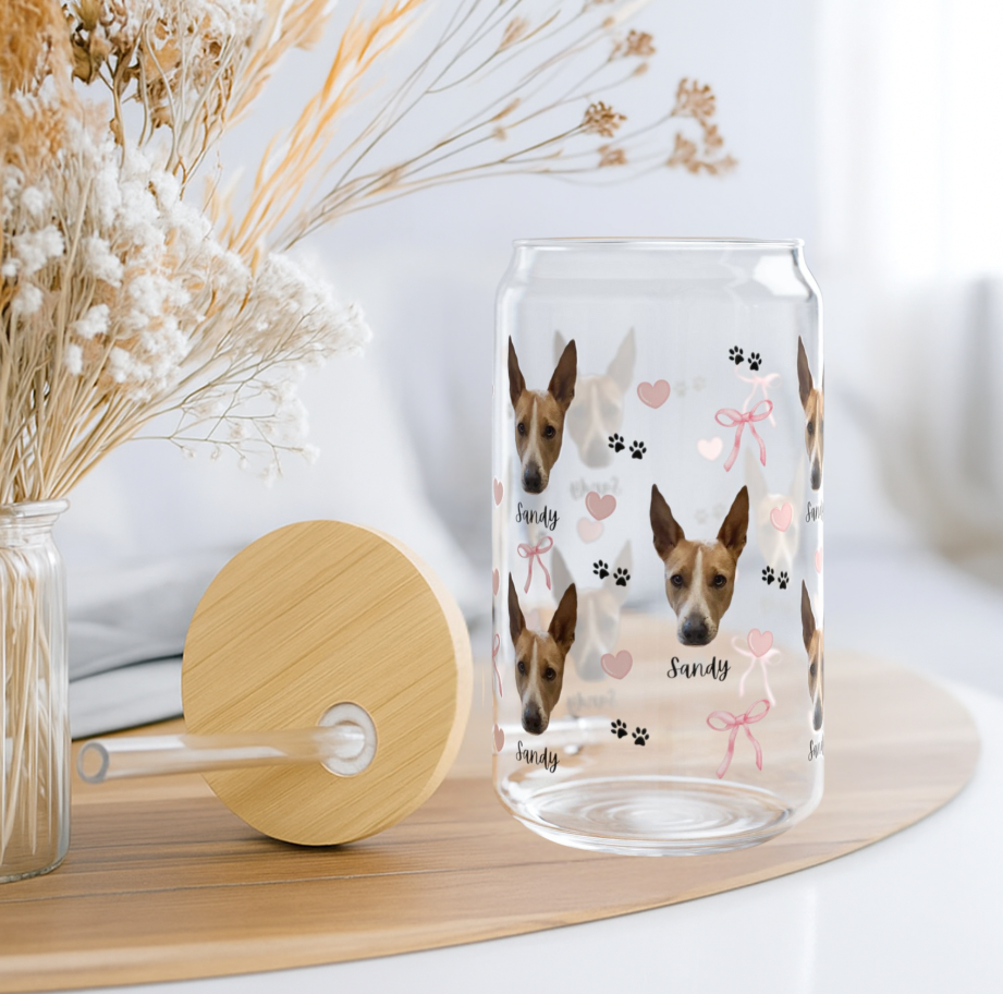 Custom Pet Face Coquette Glass Tumbler with Bamboo Lid & Straw - TLC Paws