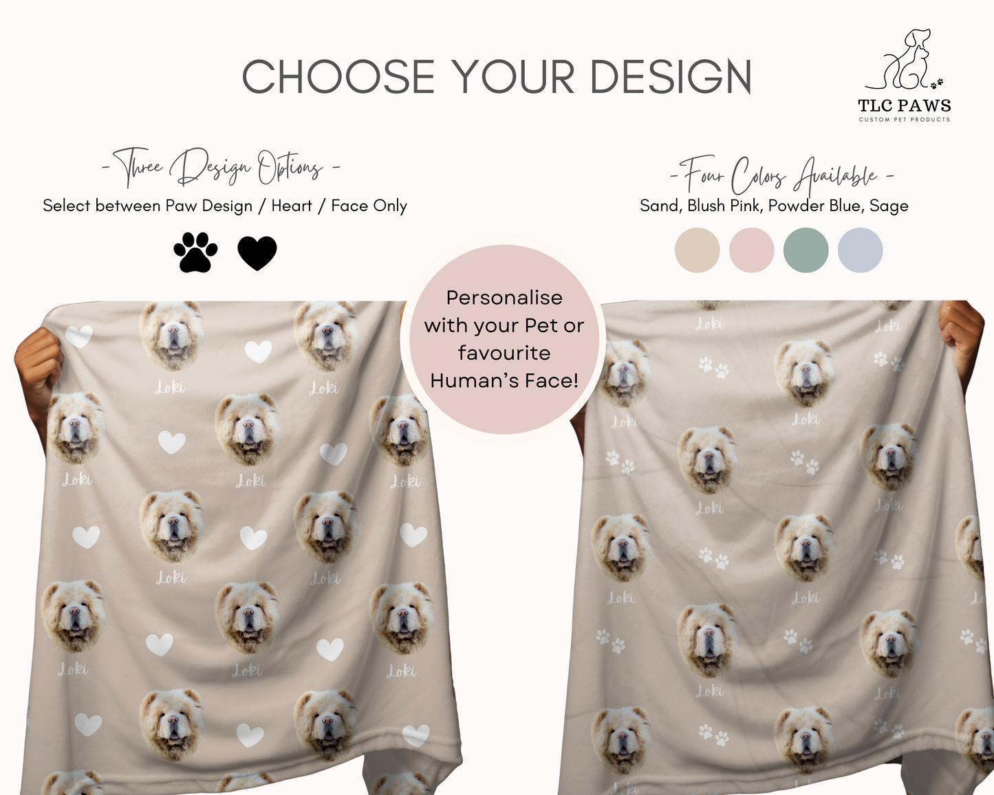 Custom Pet Face Blanket & Throw with Personalised Name and Paw - TLC Paws