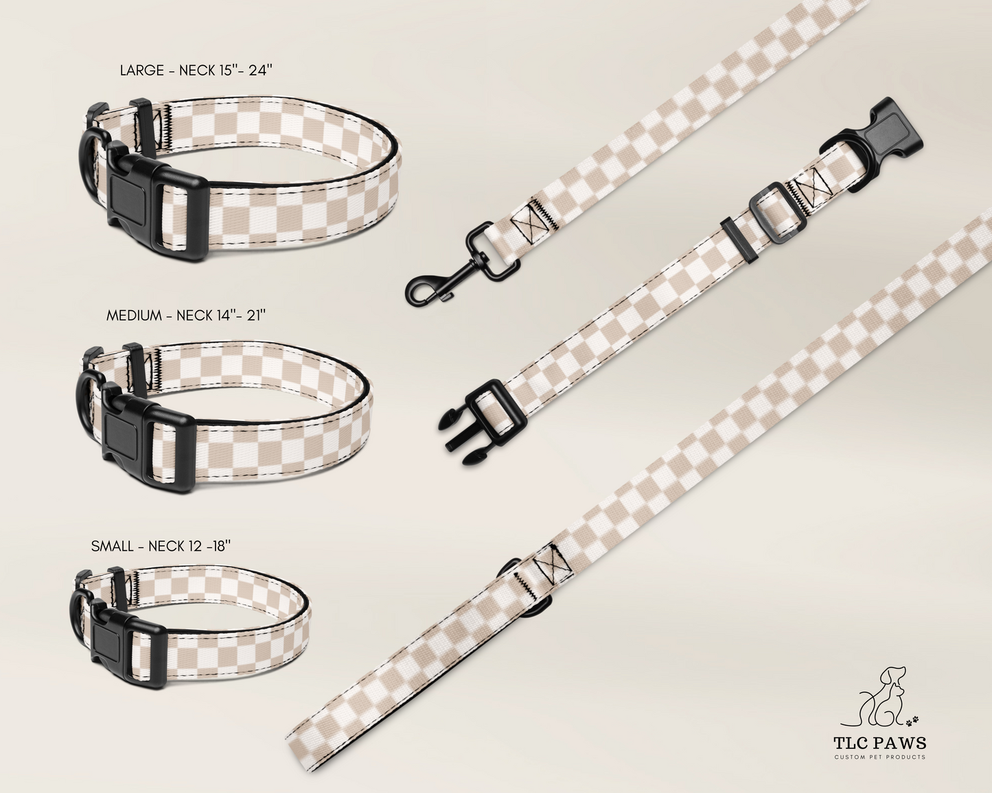 Dog Collar and Leash Set - Checkered Sand - TLC Paws