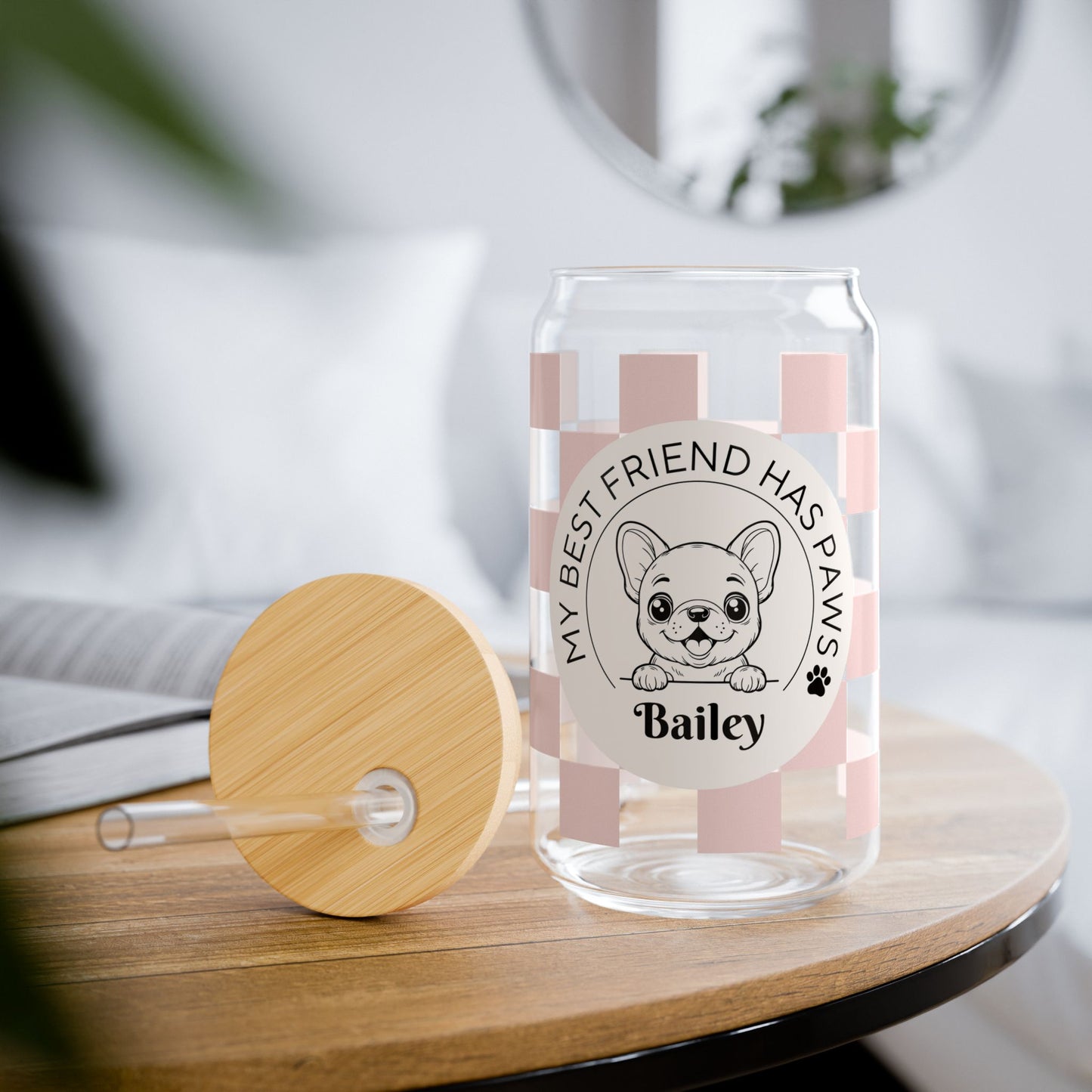 FRENCH BULLDOG GLASS TUMBLER BESTIE HAS PAWS CHECKERED PINK