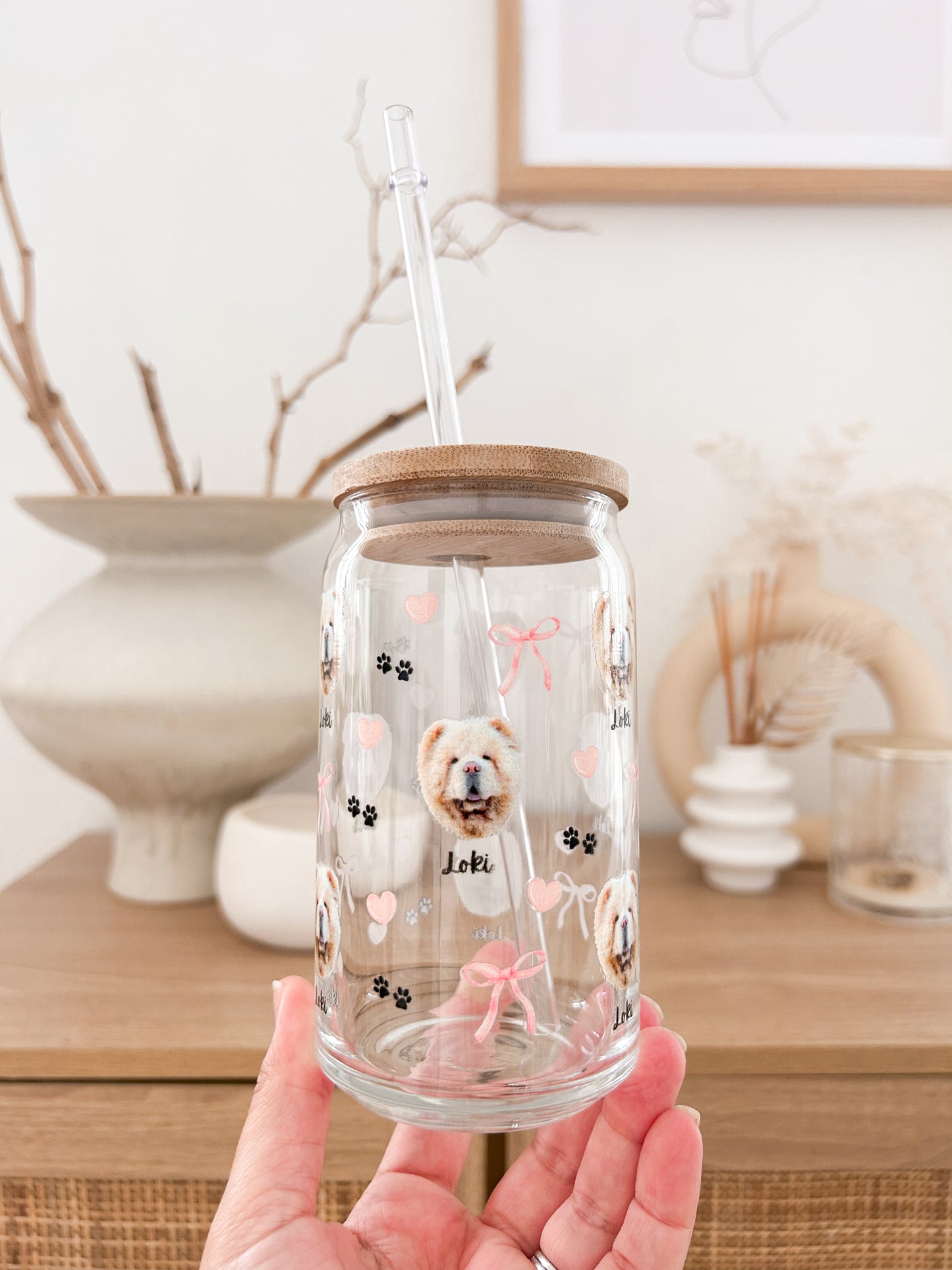 Custom pet portrait glass tumbler drink cup - TLC Paws