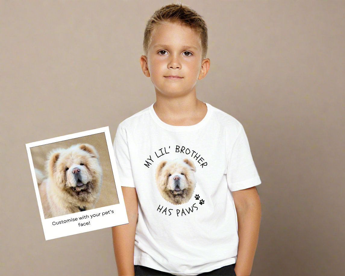 Personalised Kids Tshirt - MyLittle Brother Has Paws with Custom Pet Face
