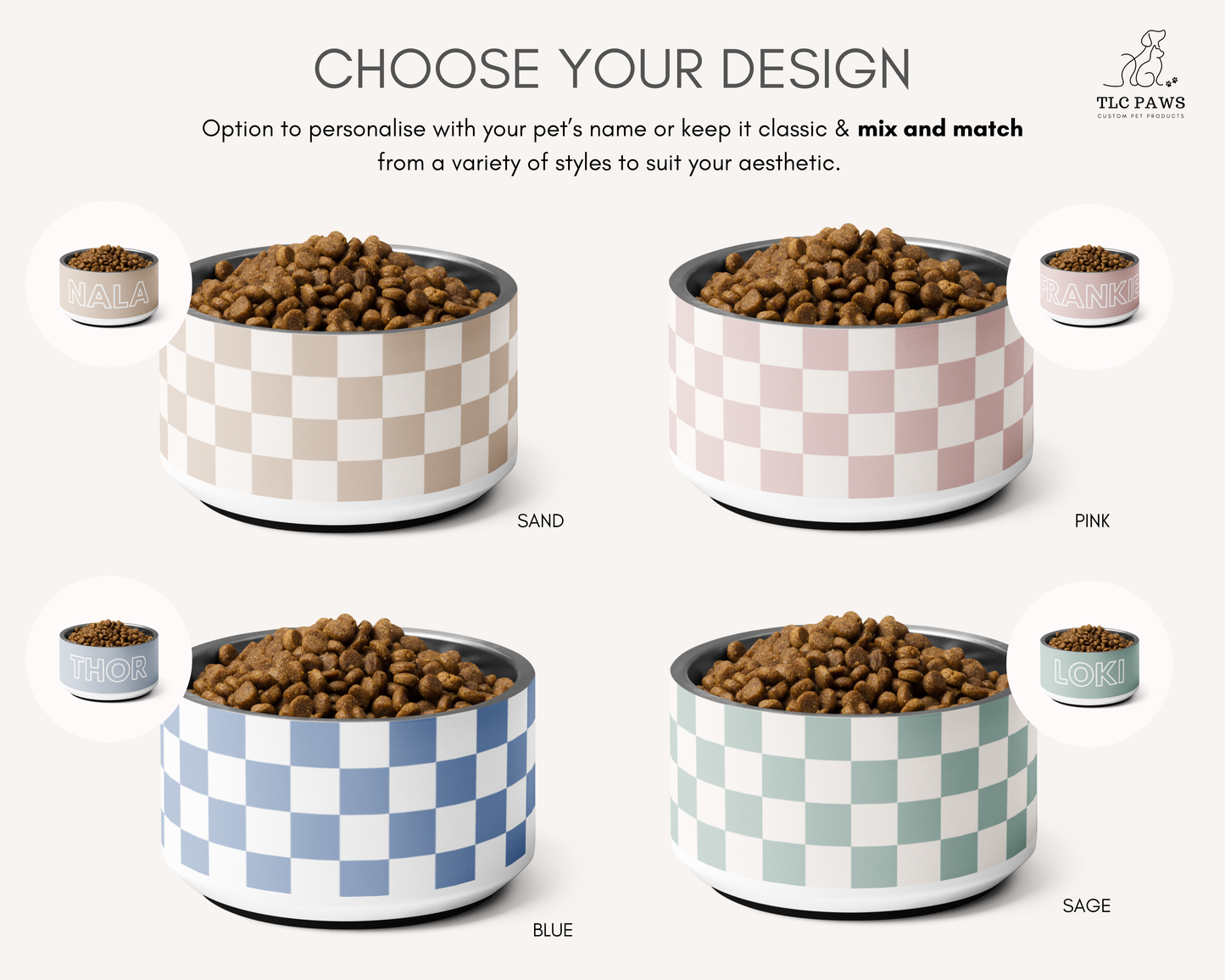 Personalised Dog Bowl - Checkered Stainless Steel Food and Water Bowl - TLC Paws