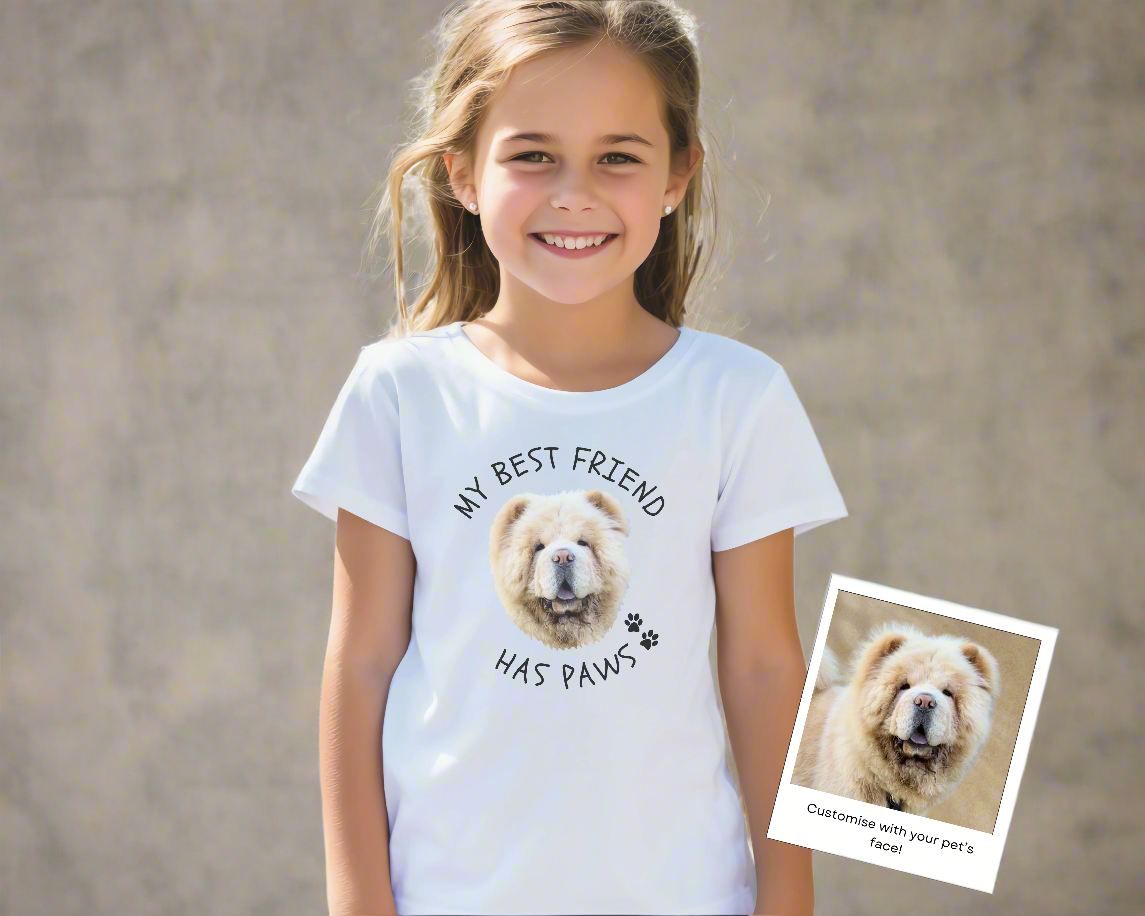 Personalised Kids Tshirt - My Best Friend Has Paws with Custom Pet Face