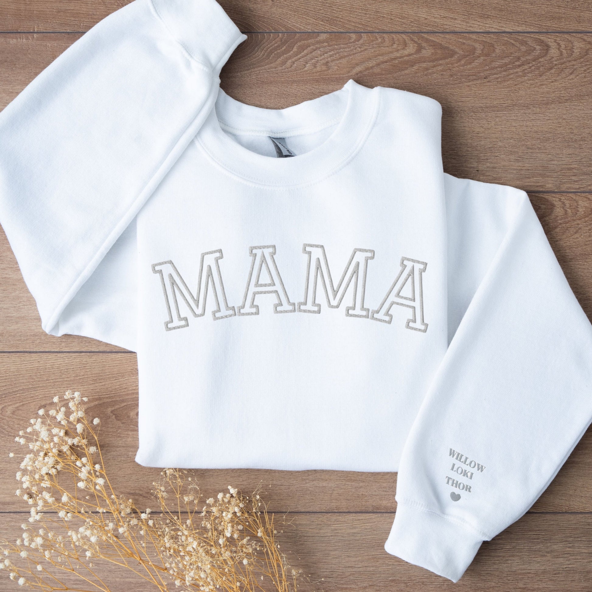 Mama Embroidered Sweatshirt with Personalized Pet & Baby Names on Sleeve