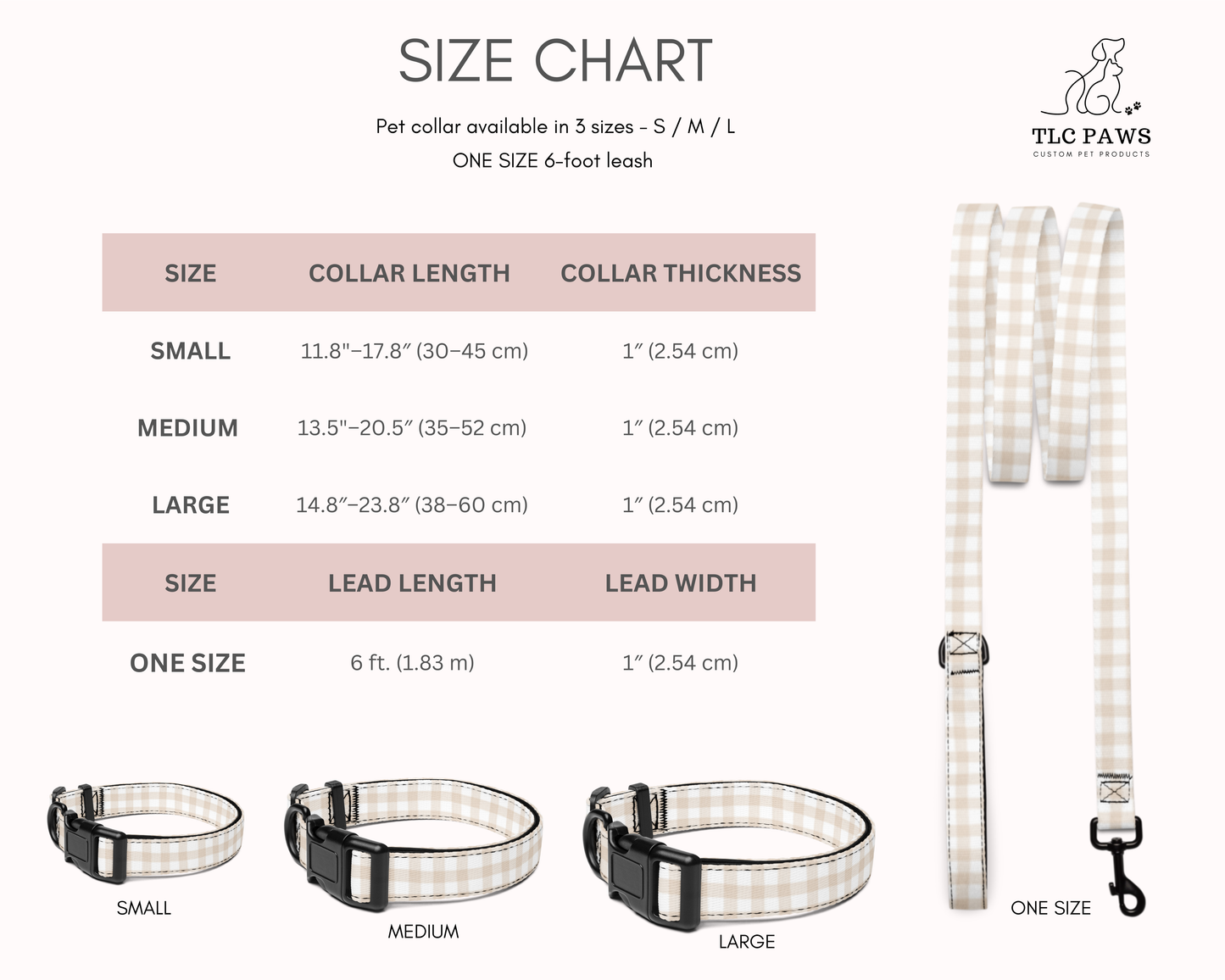 Pet Collar and Leash Set - Gingham Sand - TLC Paws