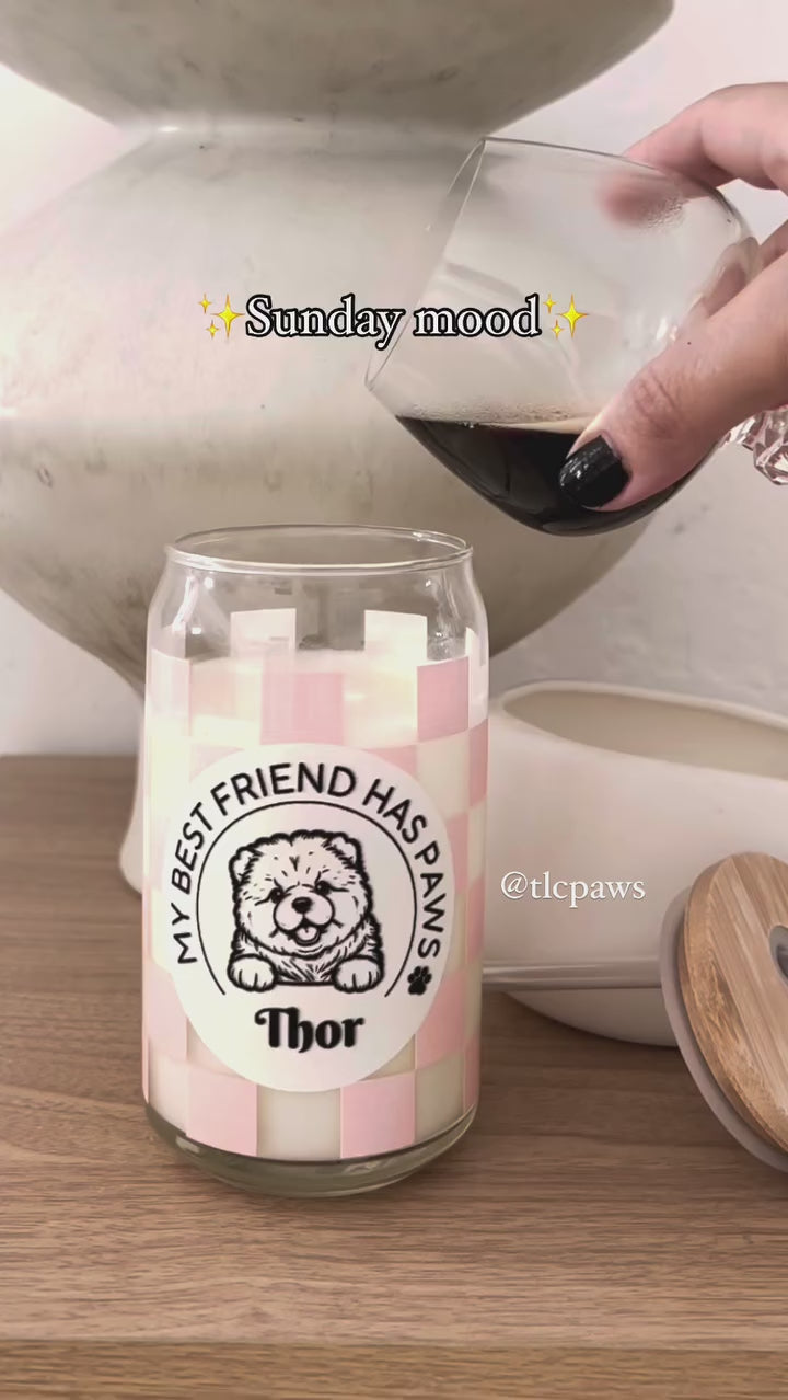 Custom Dog Glass Tumbler with Bamboo Lid and Straw