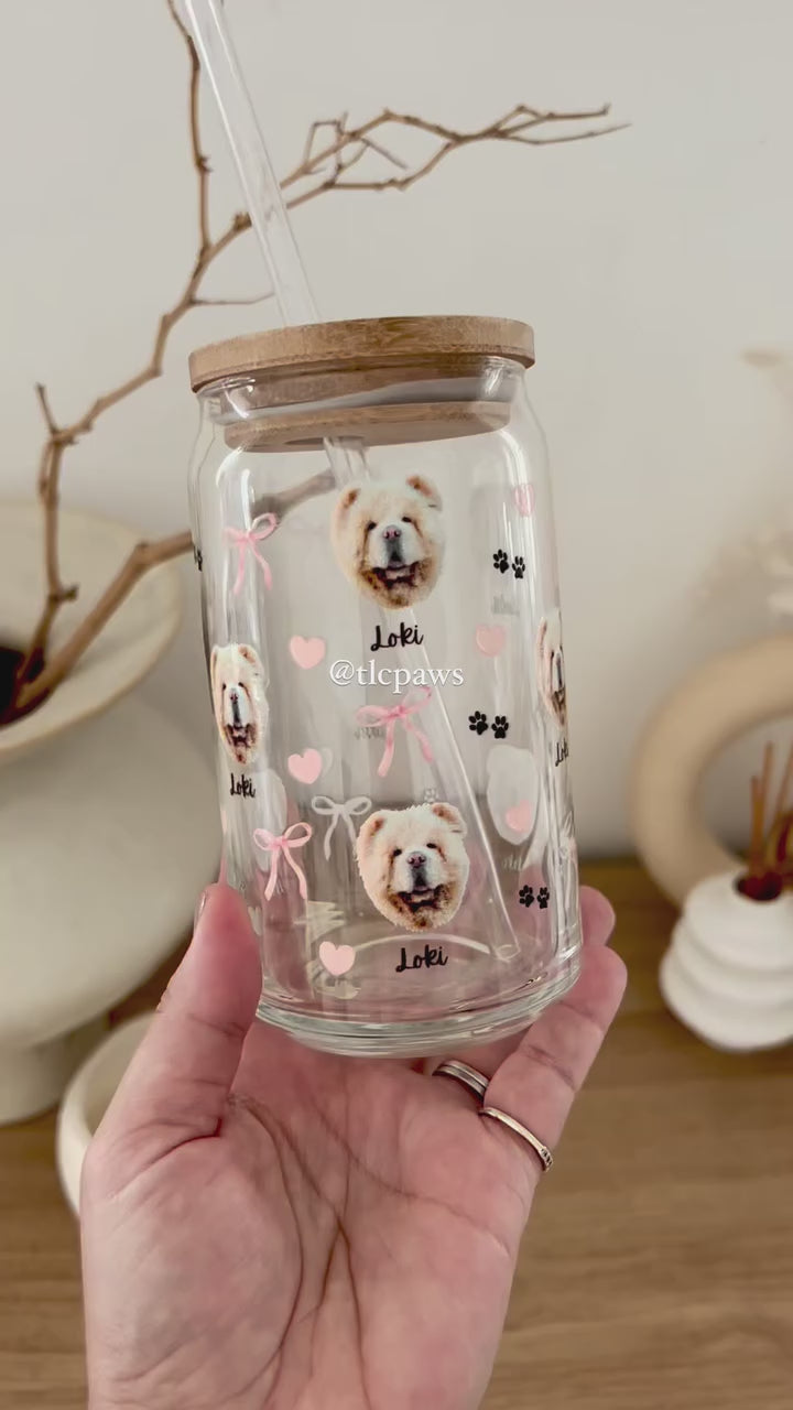 Custom pet portrait glass tumbler drink cup - TLC Paws