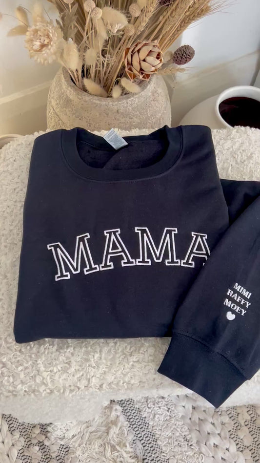 Custom Mama Embroidered Sweatshirt with Personalized Pet & Baby Names on Sleeve