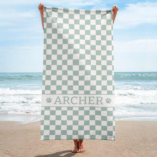Personalised Beach Towel Checkered Sage – Custom Soft & Absorbent Towels for You and Your Pets - TLC Paws