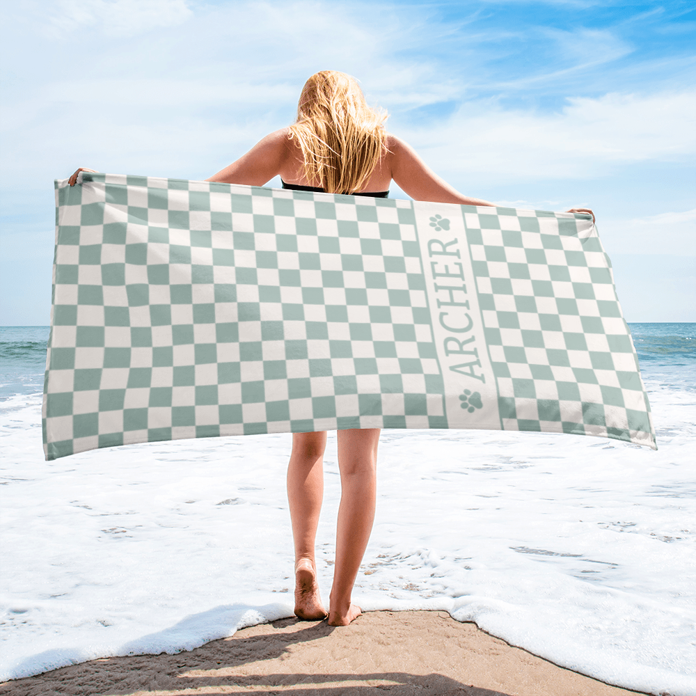 Personalised Beach Towel Checkered Sage – Custom Soft & Absorbent Towels for You and Your Pets - TLC Paws