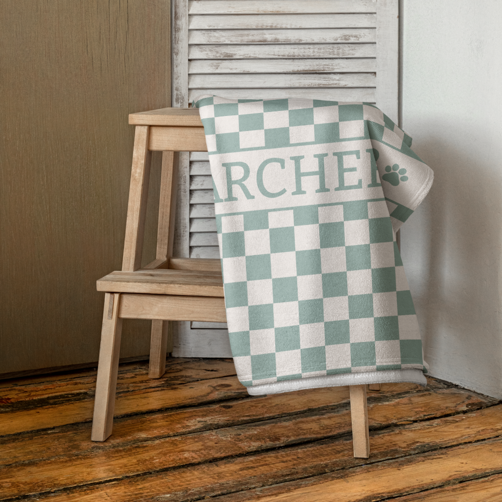 Personalised Beach Towel Checkered Sage – Custom Soft & Absorbent Towels for You and Your Pets - TLC Paws