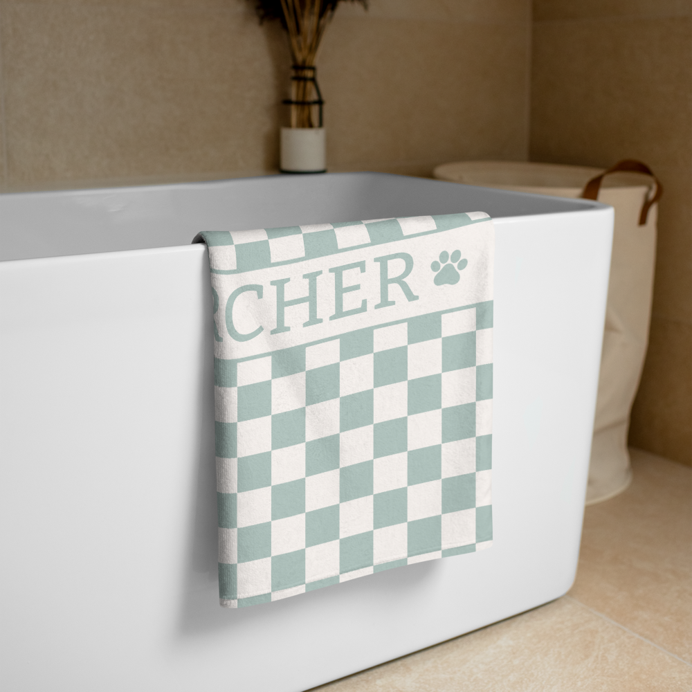Personalised Beach Towel Checkered Sage – Custom Soft & Absorbent Towels for You and Your Pets - TLC Paws
