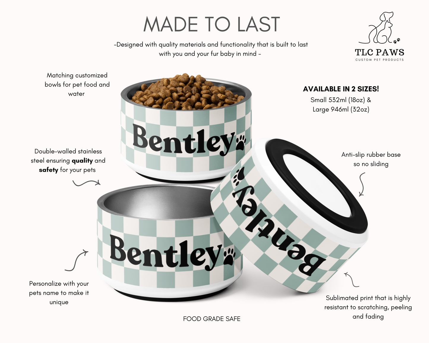 Personalised Pet Dog Bowl and Cat Feeder - Checkered Sage