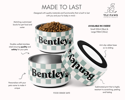 Personalised Pet Dog Bowl and Cat Feeder - Checkered Sage - TLC Paws