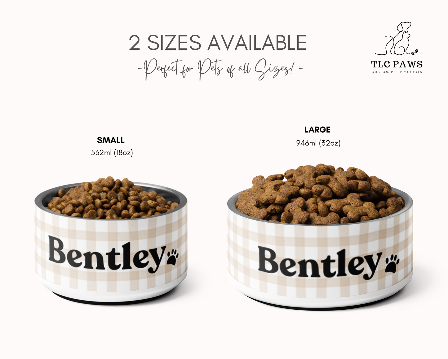 Personalized Dog Bowl and Cat Feeder - Gingham Sand - TLC Paws