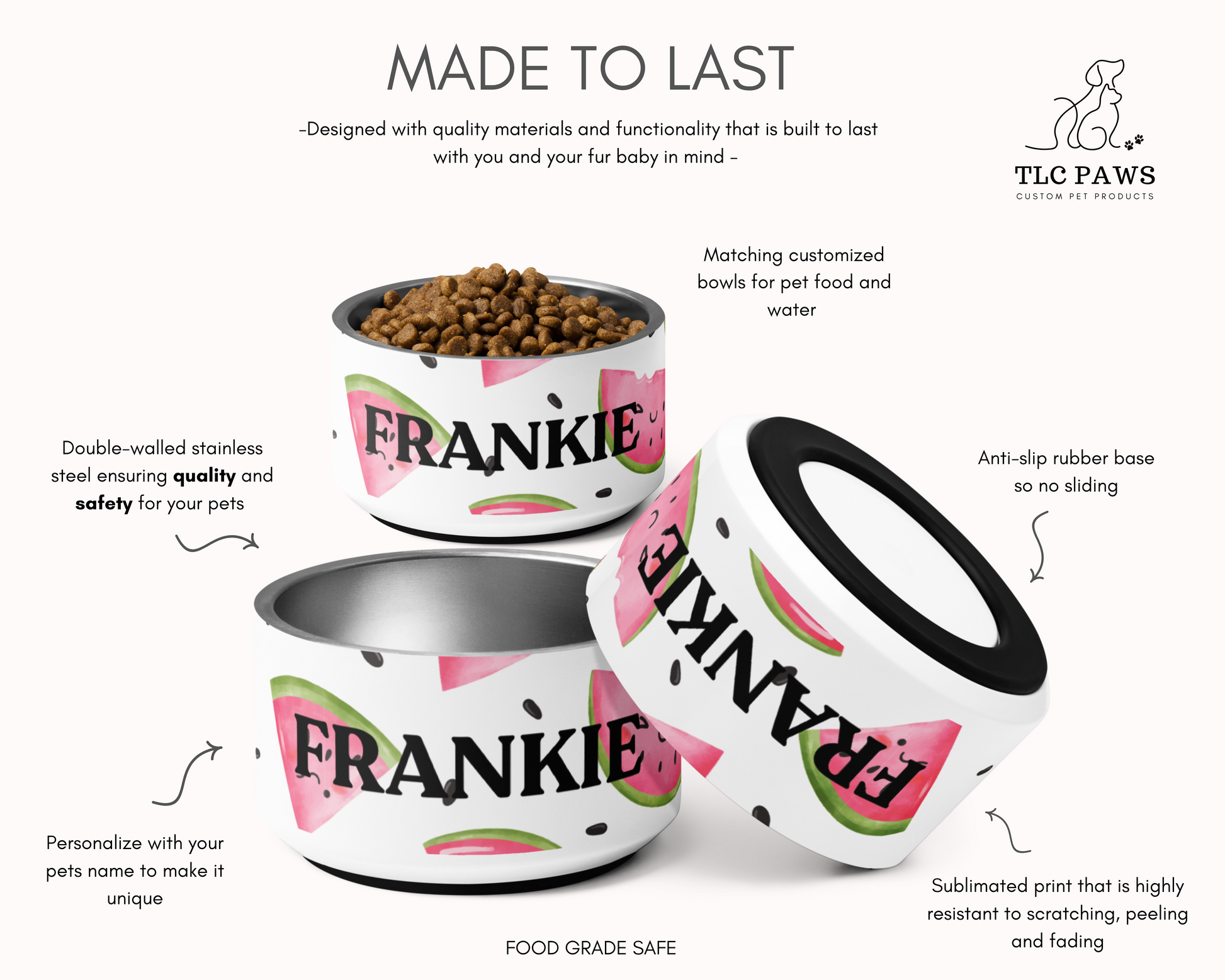 Personalised Pet Dog Bowl and Cat Feeder - Watermelon - TLC Paws