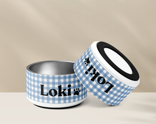 Personalized Dog Bowl and Cat Feeder - Gingham Blue - TLC Paws